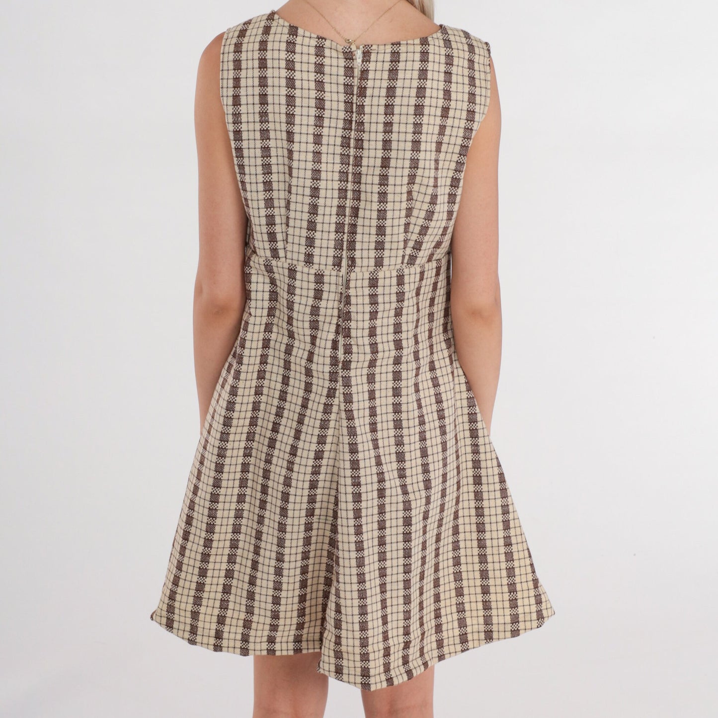 1960s Cream Brown Checkered Mini Dress Empire Waist Sleeveless Medium
