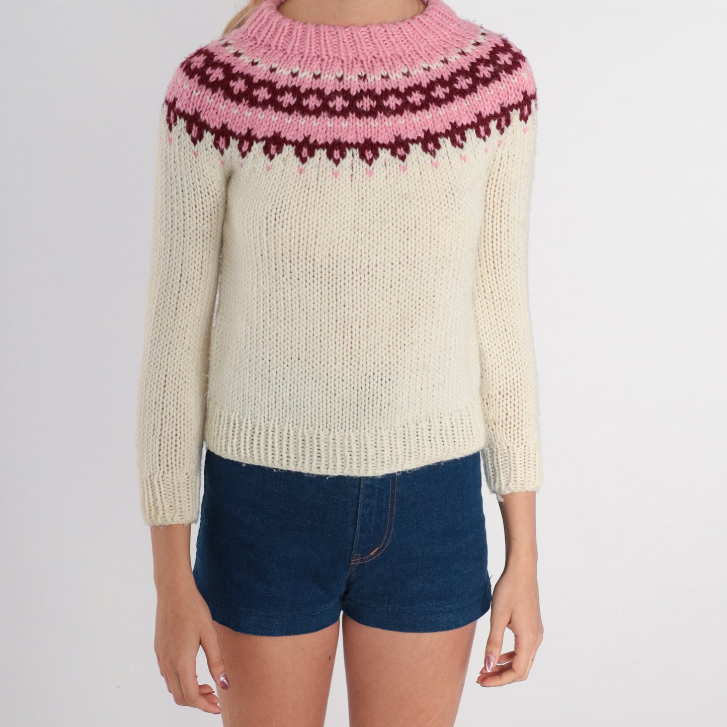 70s Fair Isle Sweater Cream Pink Nordic Knit Crewneck Extra Small