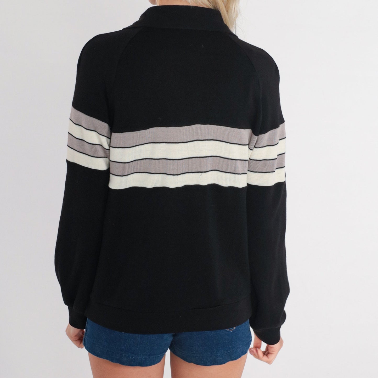 80s Black Track Jacket Striped Zip-Up Taupe White Medium
