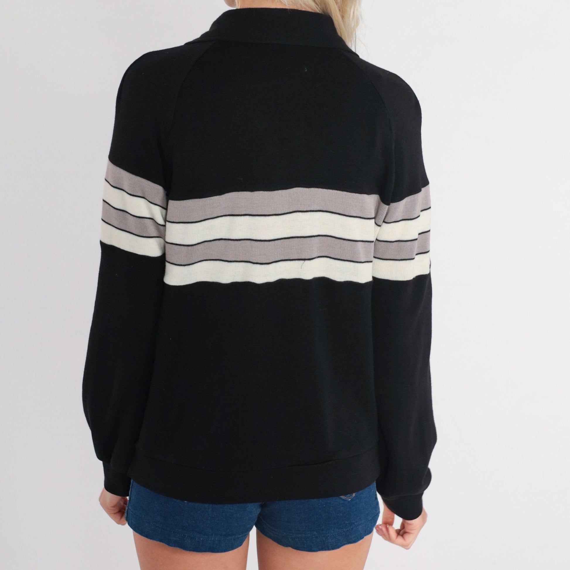 80s Black Track Jacket Striped Zip-Up Taupe White Medium