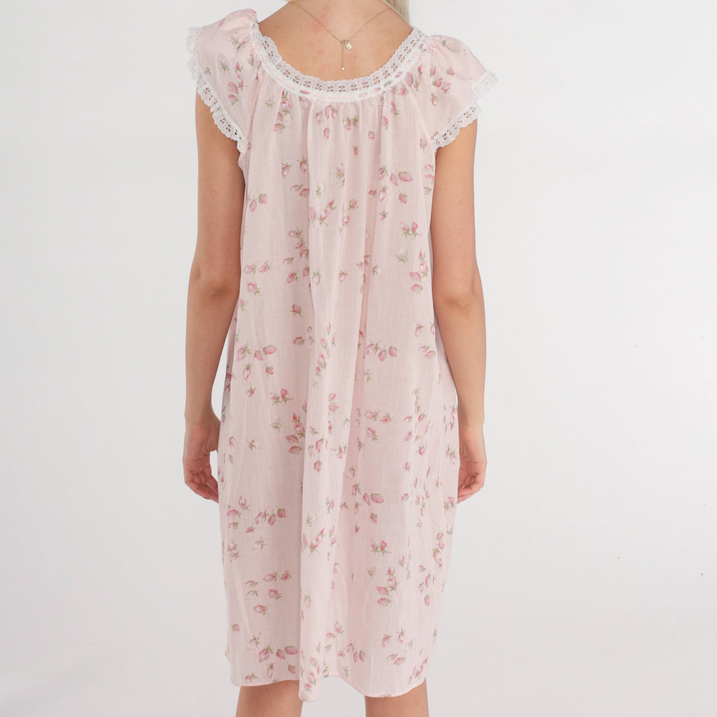 80s Floral Shift Dress Baby Pink Tulip Sleeve Lace Trim Midi Medium