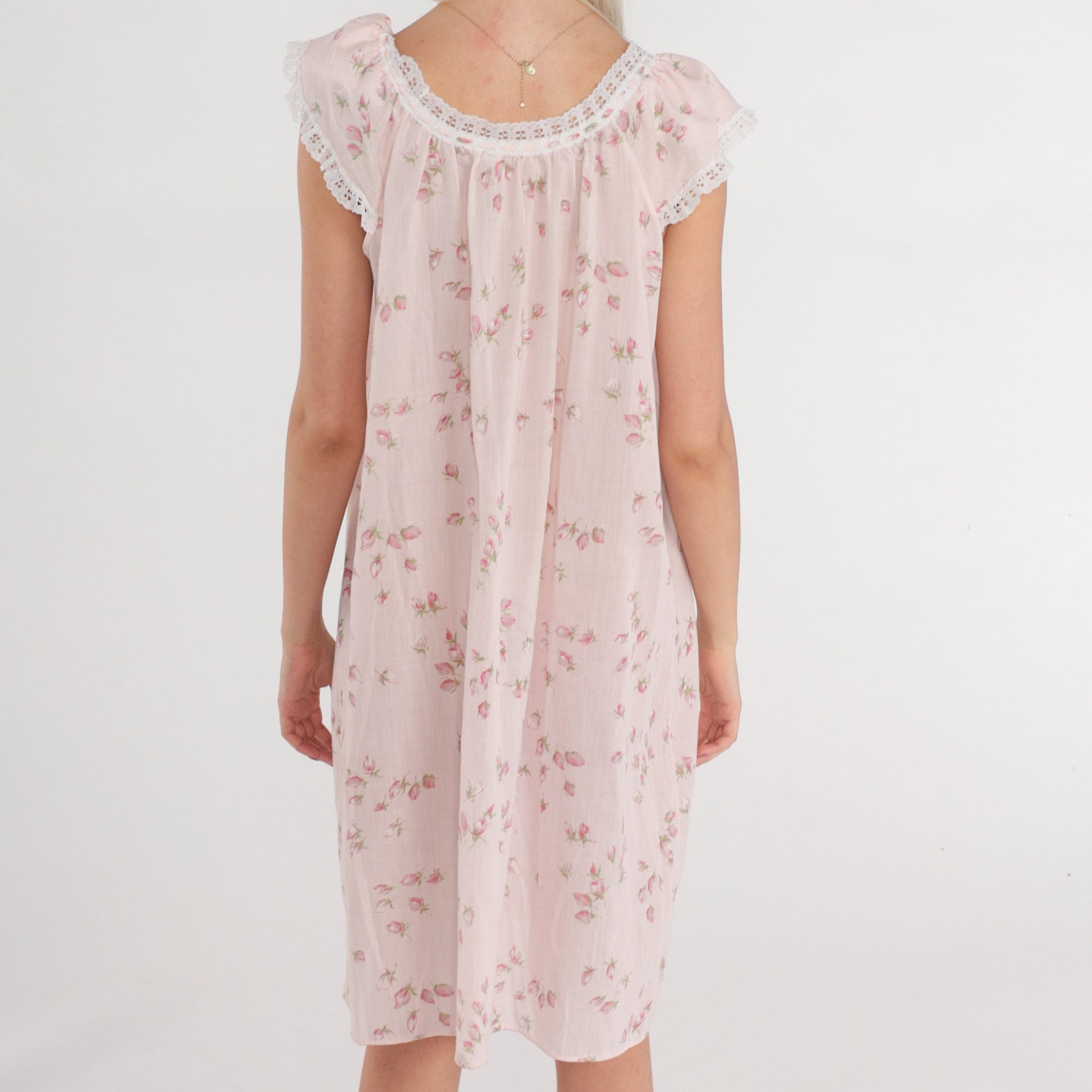 80s Floral Shift Dress Baby Pink Tulip Sleeve Lace Trim Midi Medium