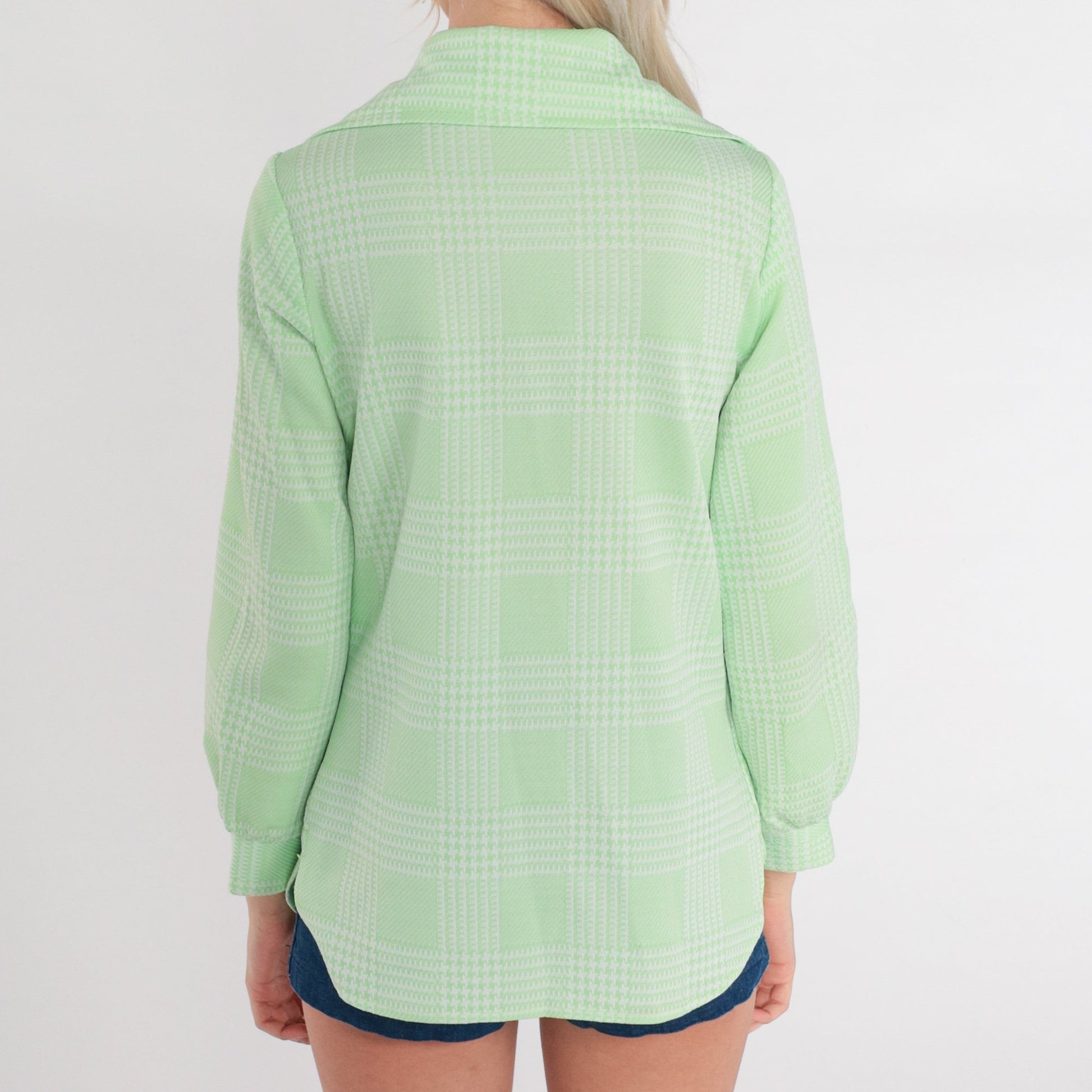 70s Green Checkered Button-Up Blouse Dagger Collar Gold Buckle Small