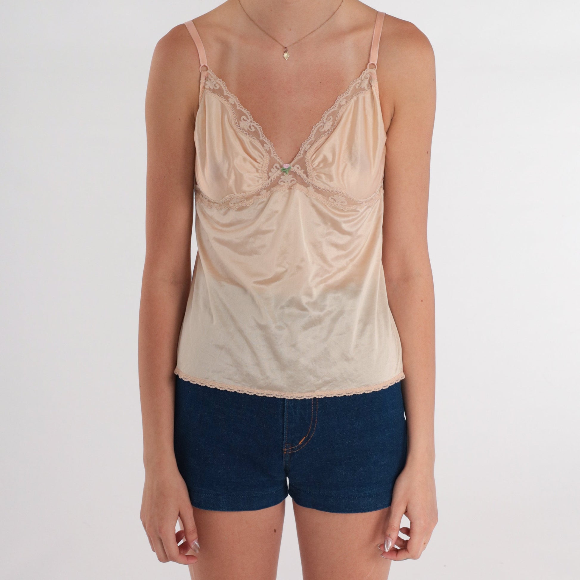 70s Beige Lace Camisole Empire Waist Spaghetti Strap Tank XXS