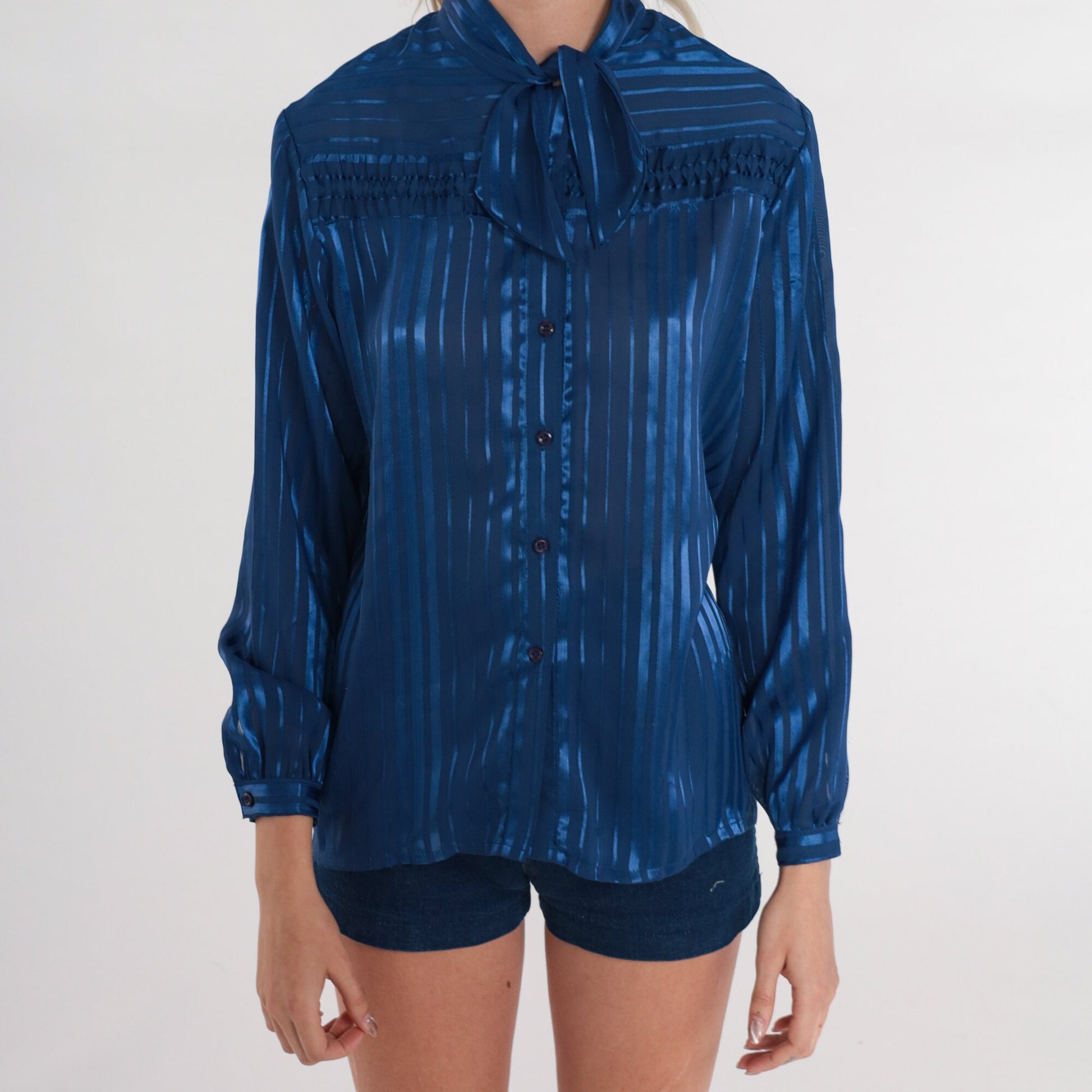 80s Blue Striped Necktie Blouse Semi-Sheer Button-Up Long Sleeve Small