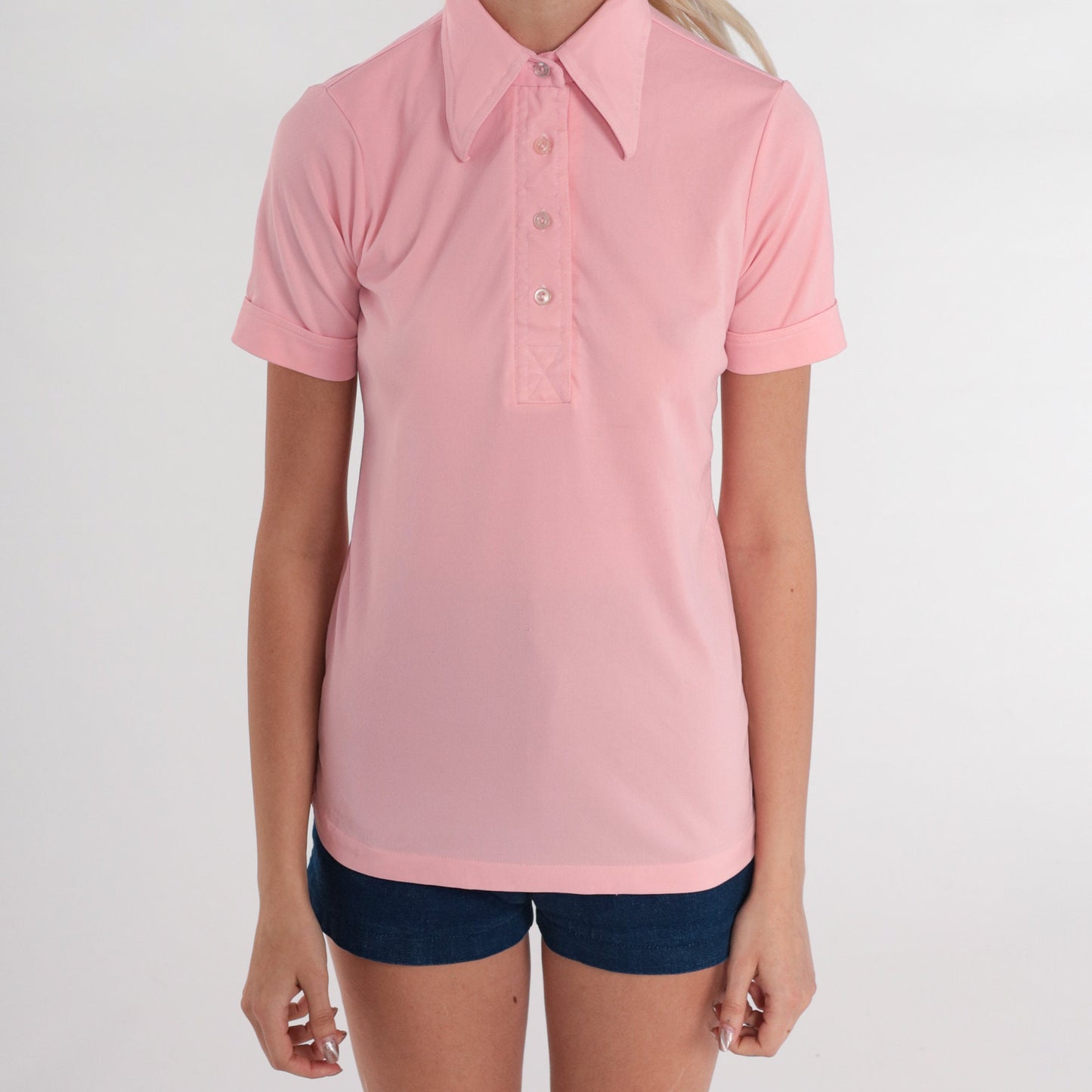 70s Baby Pink Polo Shirt Dagger Collar Short Sleeve Small
