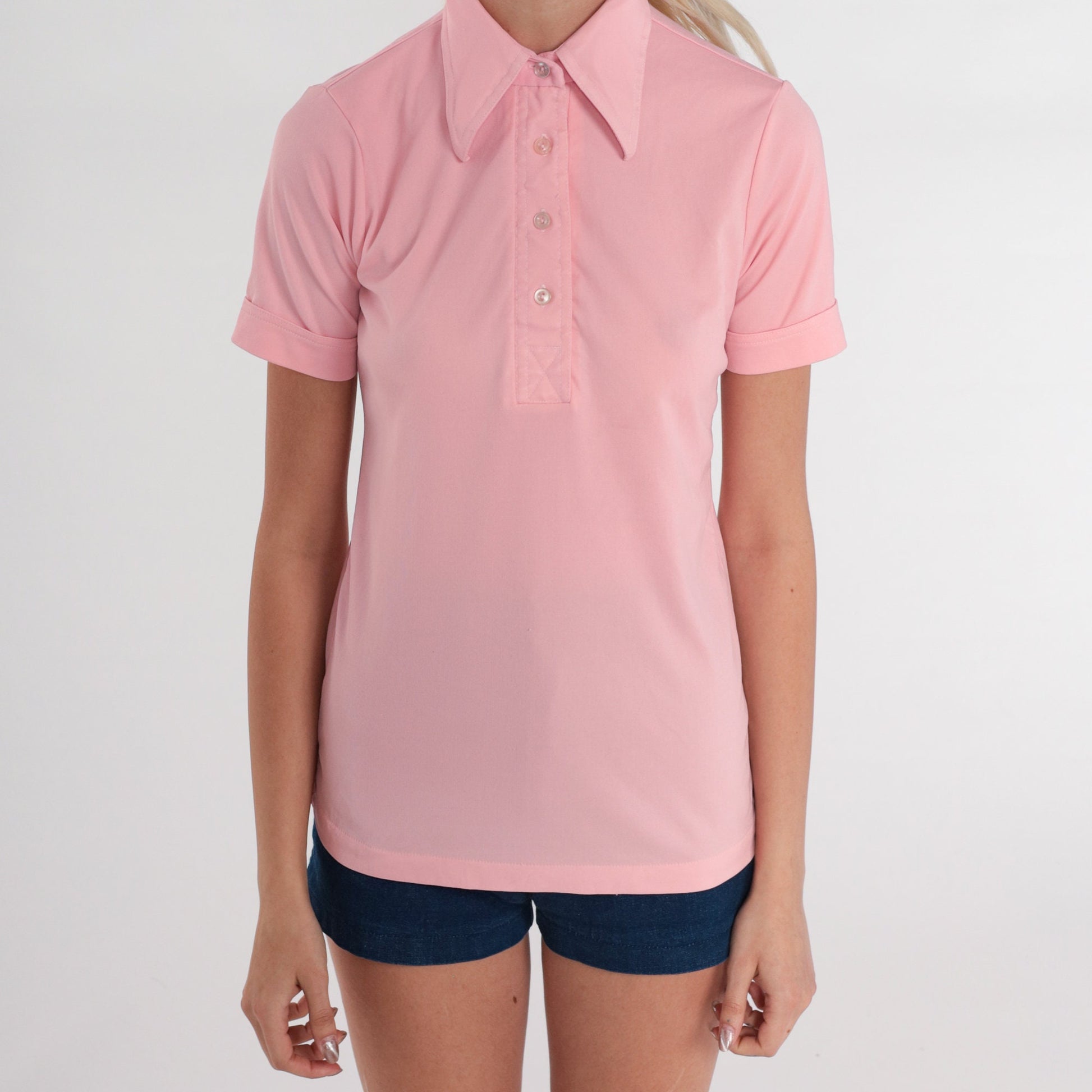 70s Baby Pink Polo Shirt Dagger Collar Short Sleeve Small