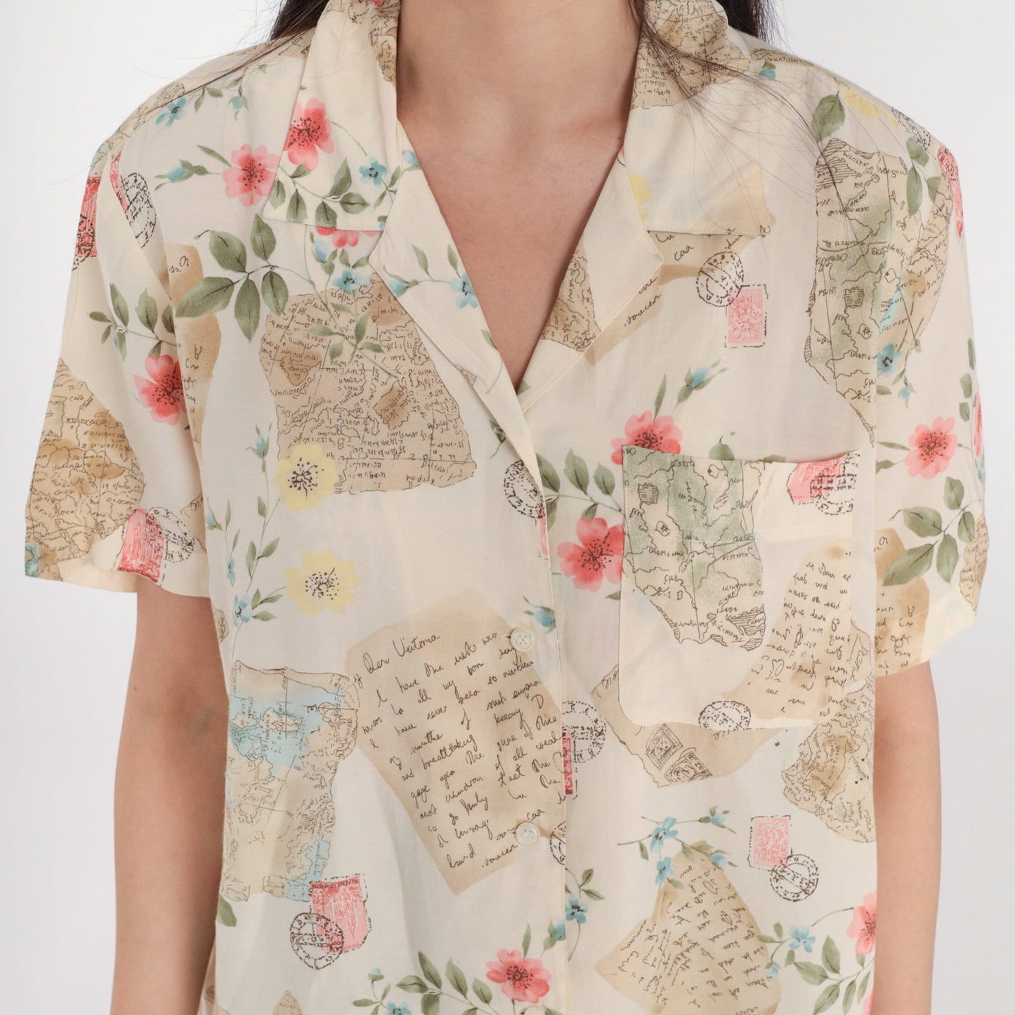90s Liz Claiborne Travel Print Button-Up Blouse Cream Floral Postcard Shirt Large