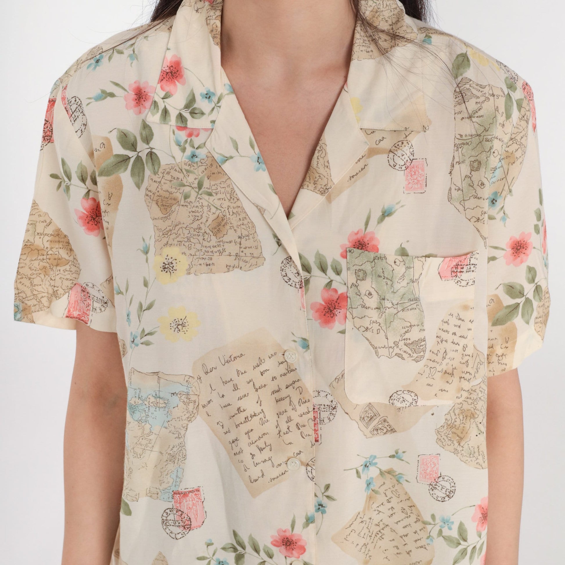 90s Liz Claiborne Travel Print Button-Up Blouse Cream Floral Postcard Shirt Large