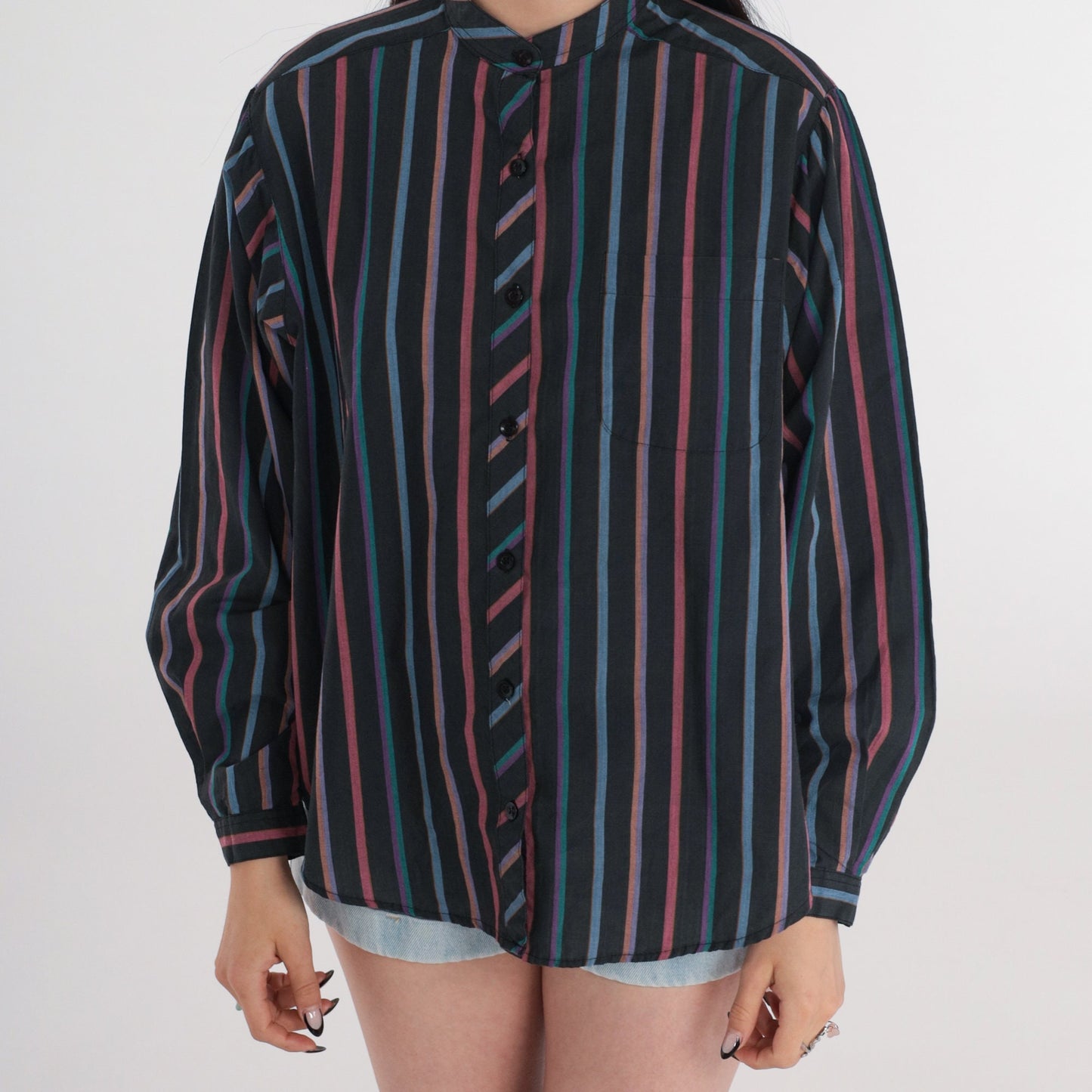 90s Black Striped Button-Up Blouse Chest Pocket Long Sleeve Medium