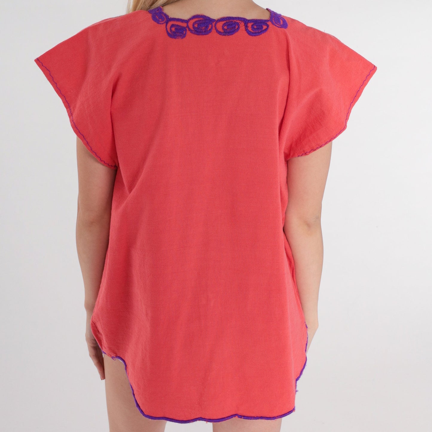 90s Mexican Floral Embroidered Blouse Coral Pink Cap Sleeve Cotton Medium M