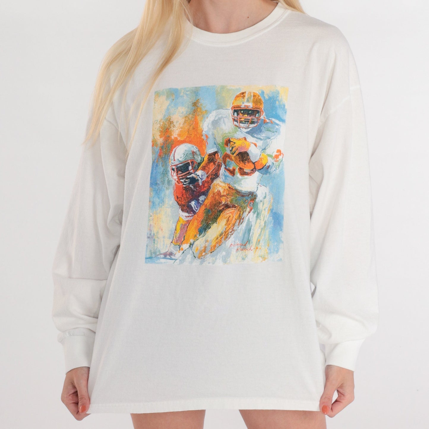 90s Richard Wallich Football Painting Long Sleeve Tee White Extra Large