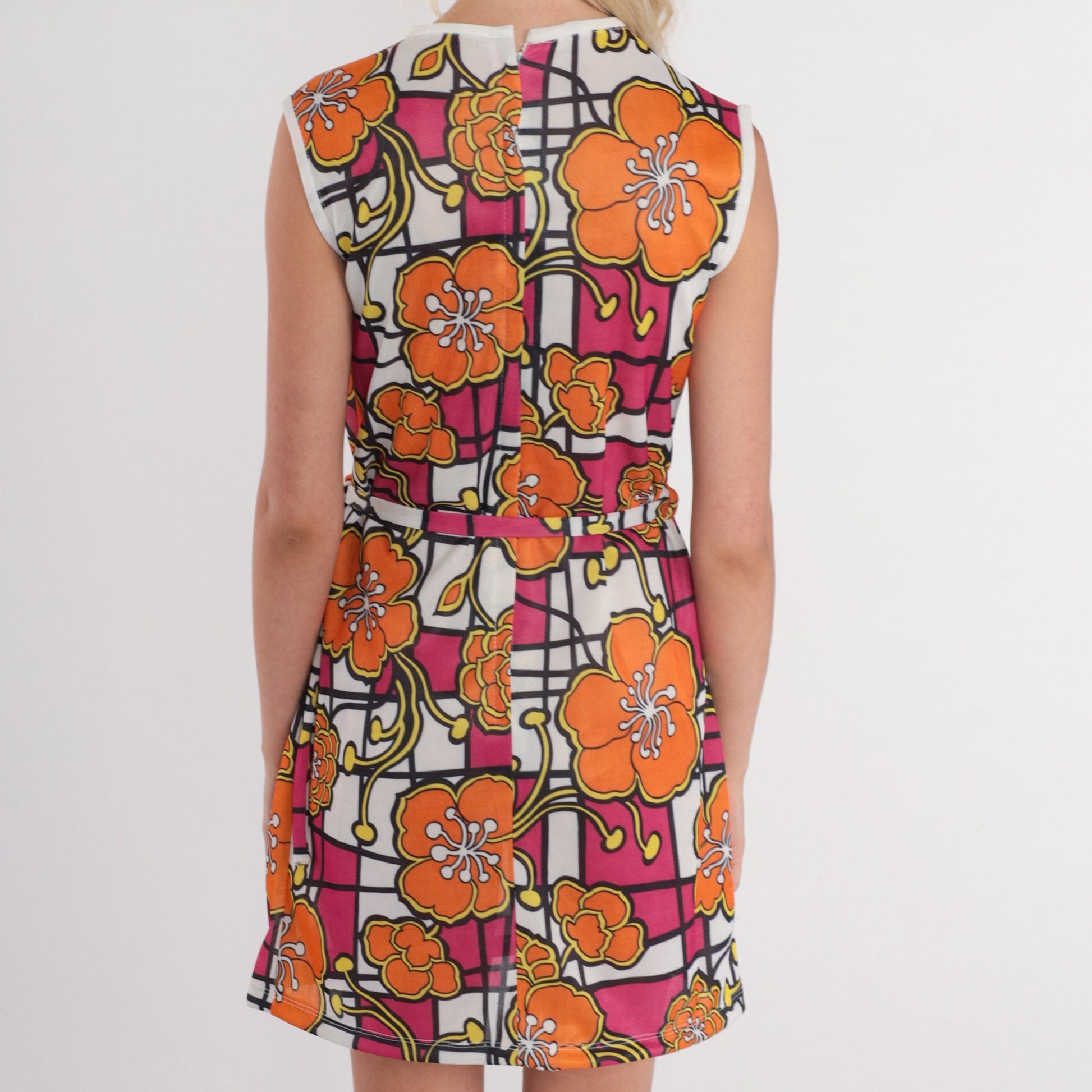 70s Floral Checkered Shift Mini Dress Sleeveless Tropical Print Small S