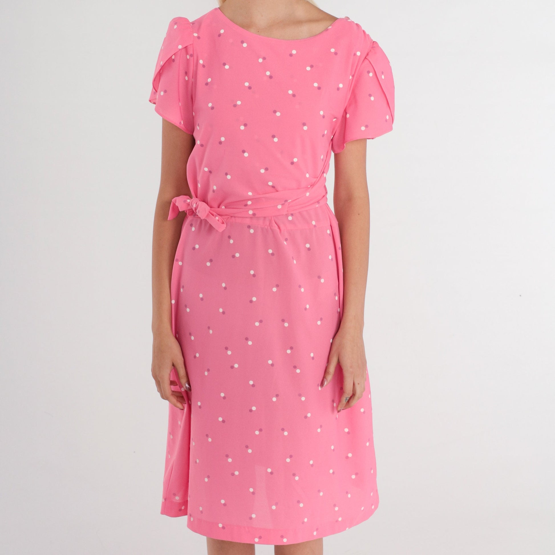 70s Pink Floral Midi Dress Puff Sleeve High Waist Tie Belt Knee Length Medium M