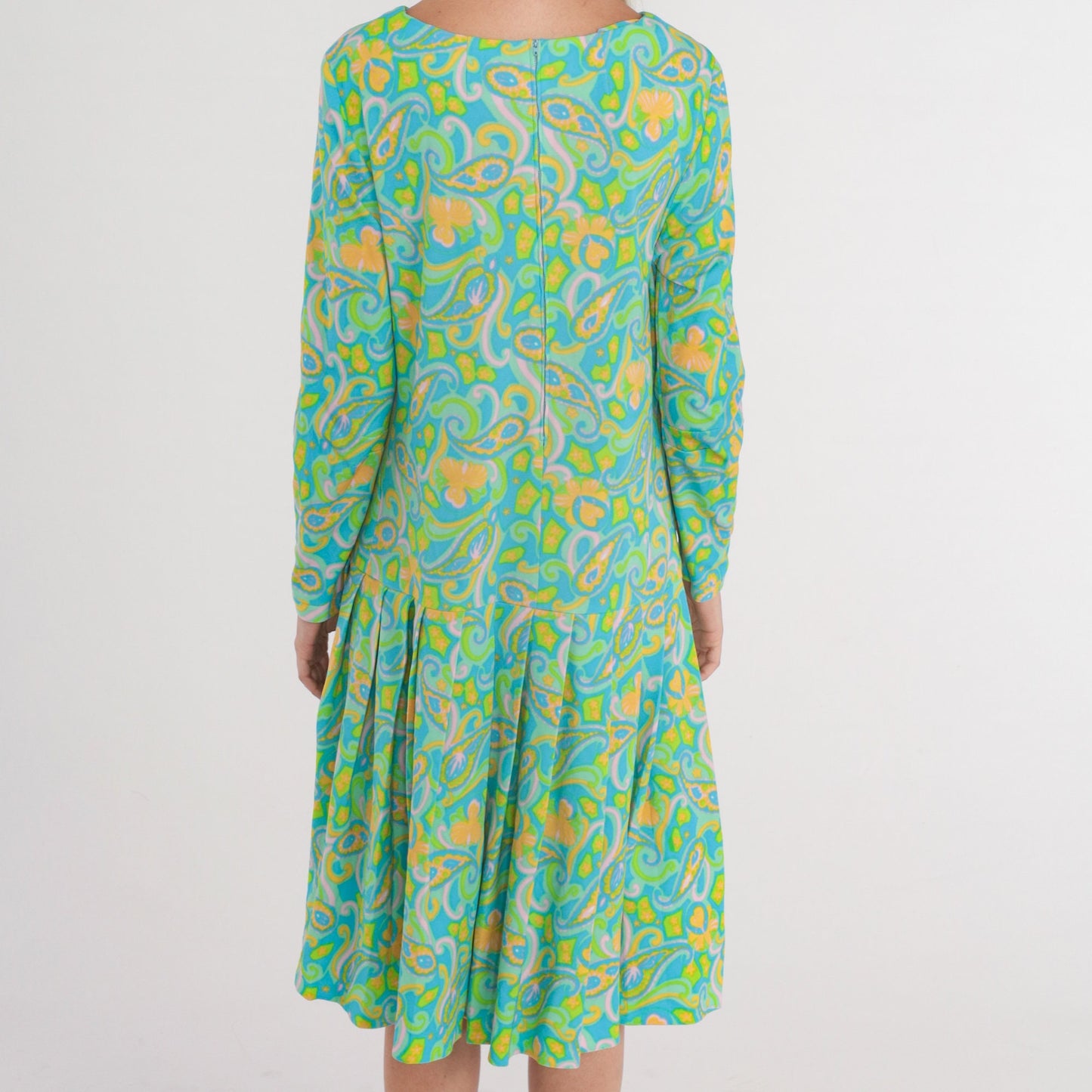 70s Green Paisley Midi Dress Long Sleeve Drop Waist Pleated Large L