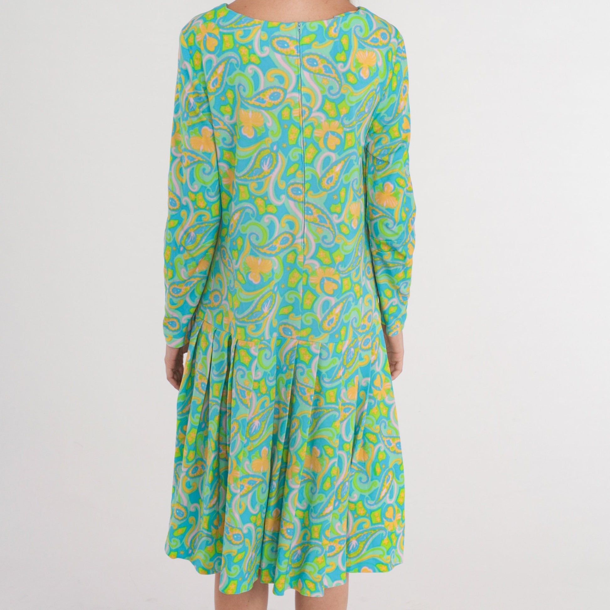 70s Green Paisley Midi Dress Long Sleeve Drop Waist Pleated Large L