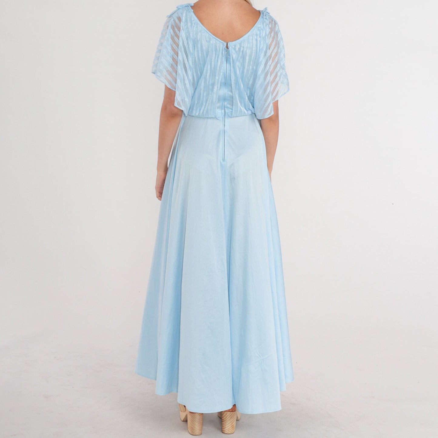 70s Baby Blue Maxi Dress Grecian High Waisted Flutter Sleeve Small XS