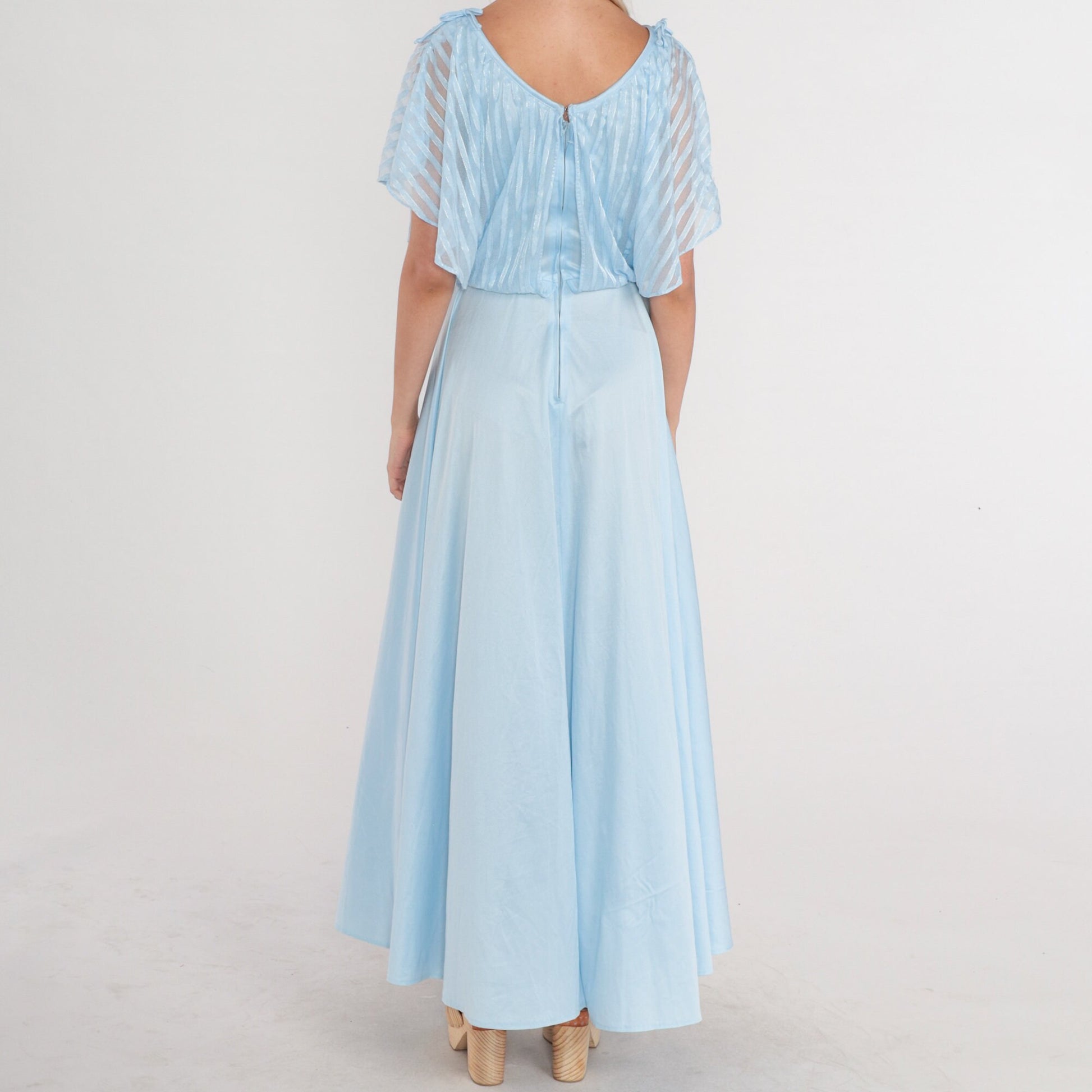 70s Baby Blue Maxi Dress Grecian High Waisted Flutter Sleeve Small XS