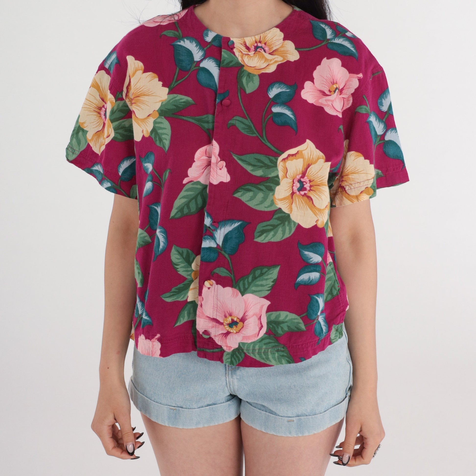 90s Liz Claiborne Floral Button-Up Blouse Fuchsia Pink Short Sleeve Medium