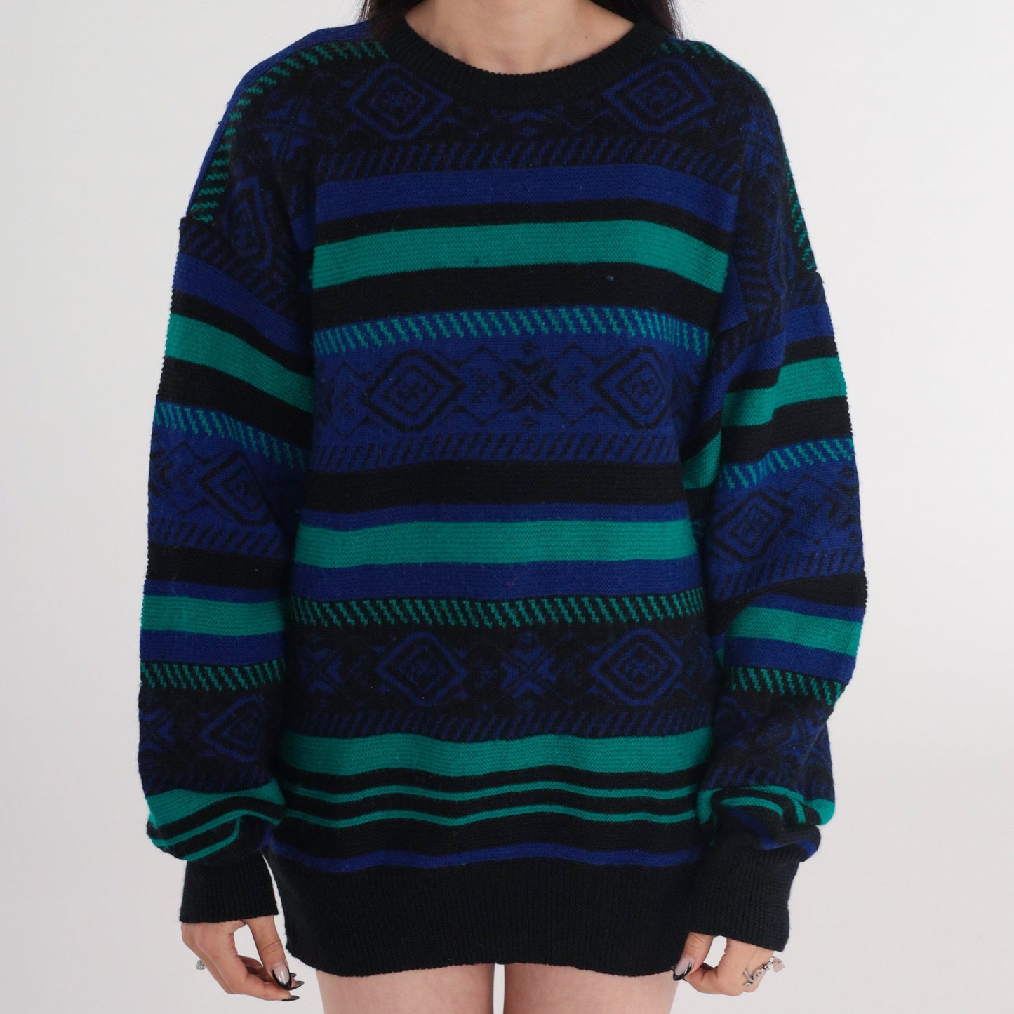 90s Meister Geometric Striped Sweater Black Purple Green Wool Blend Medium