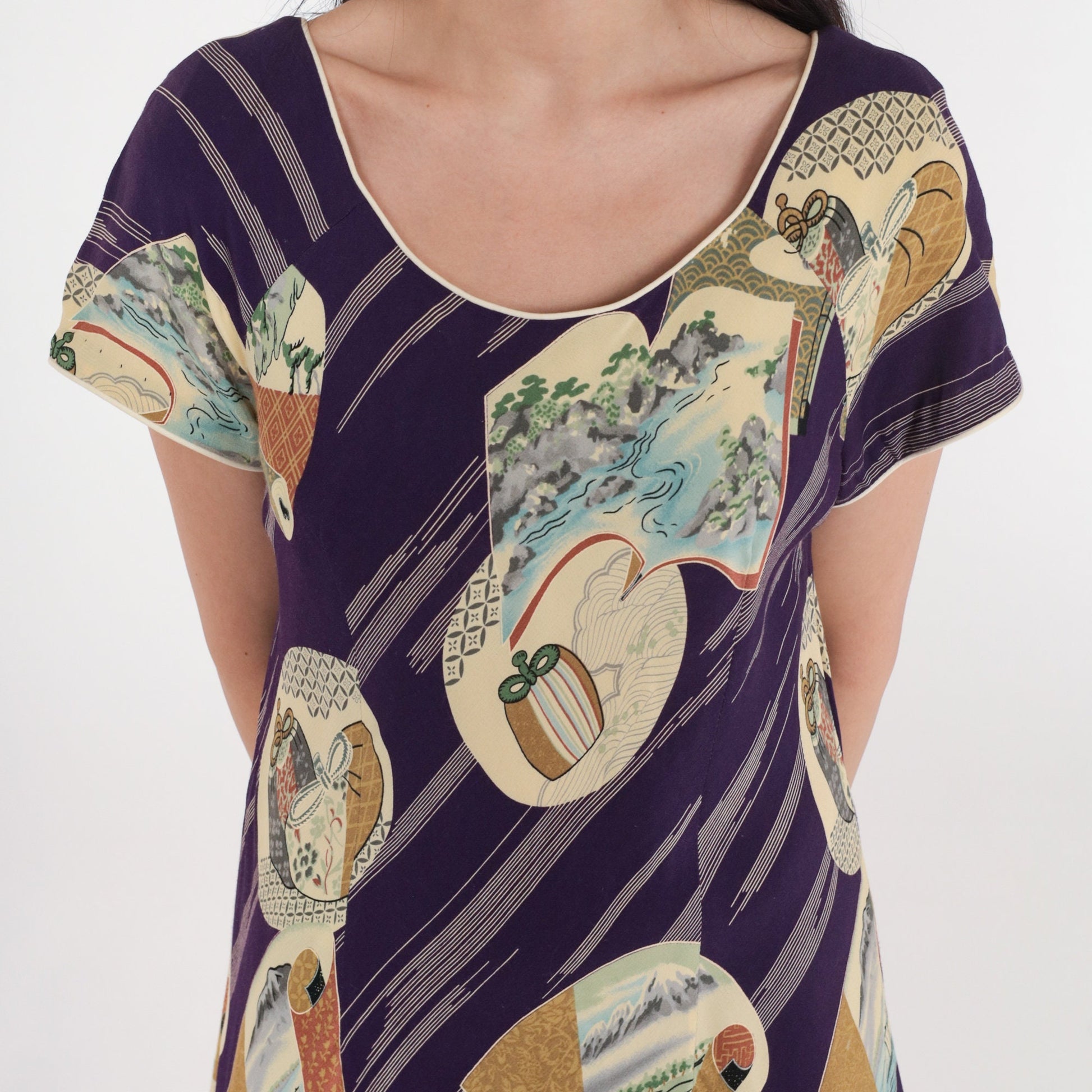 90s Japanese Landscape Purple Shift Dress Mini Short Sleeve Small S