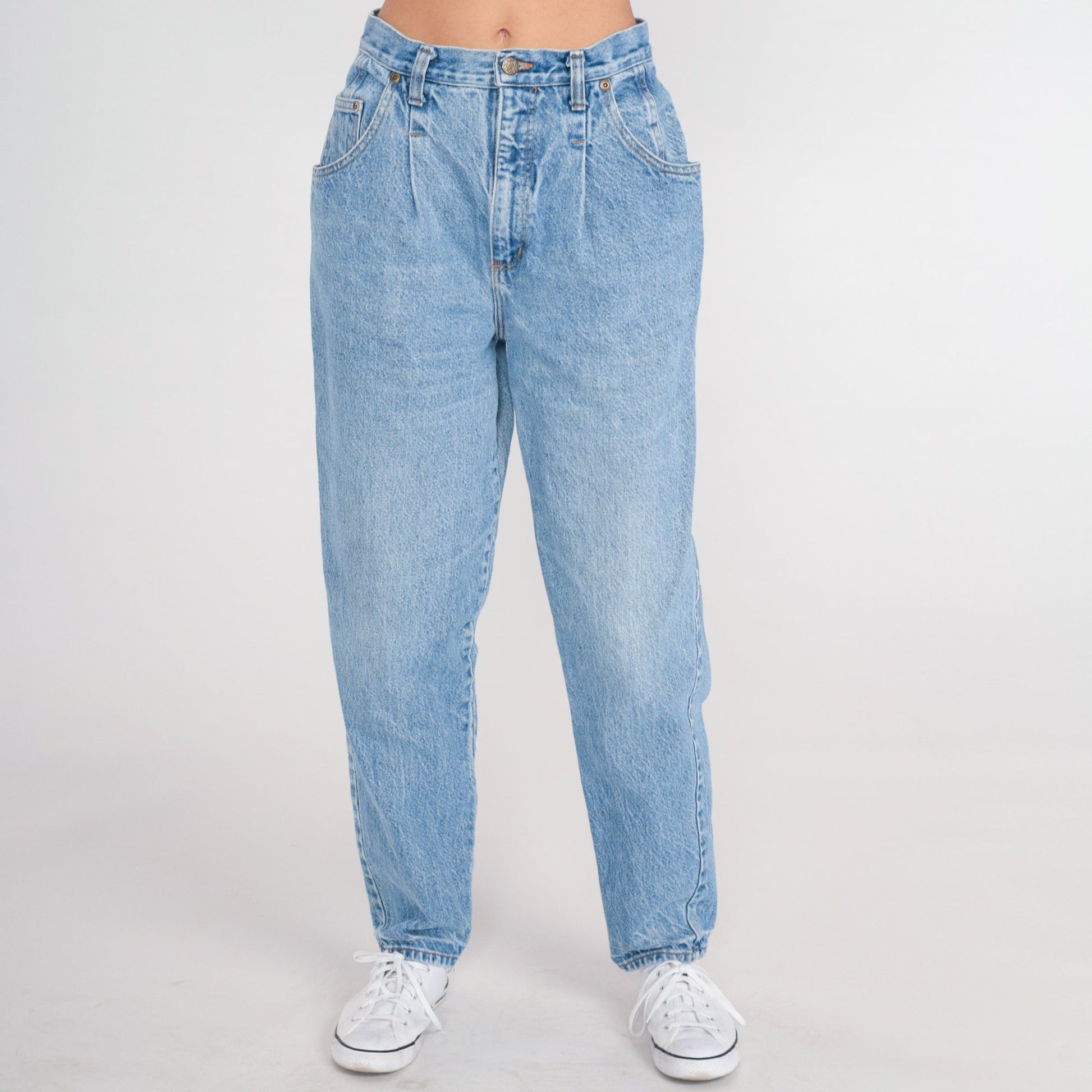 90s High Waisted Pleated Straight Leg Jeans Blue Denim Small S