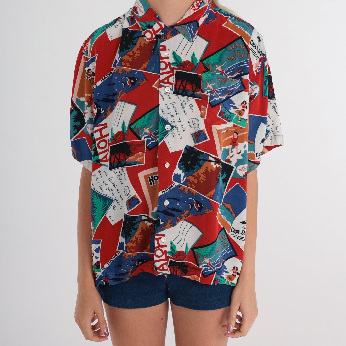 80s Hawaii Postcard Print Button-Up Shirt Red Short Sleeve Medium M