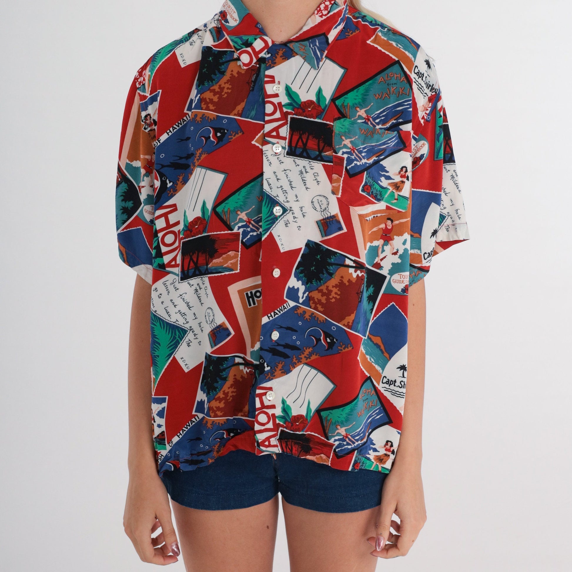 80s Hawaii Postcard Print Button-Up Shirt Red Short Sleeve Medium M
