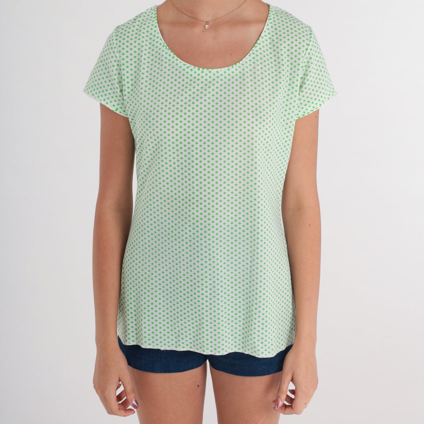 70s Polka Dot Blouse White Green Scoop Neck Short Sleeve Small
