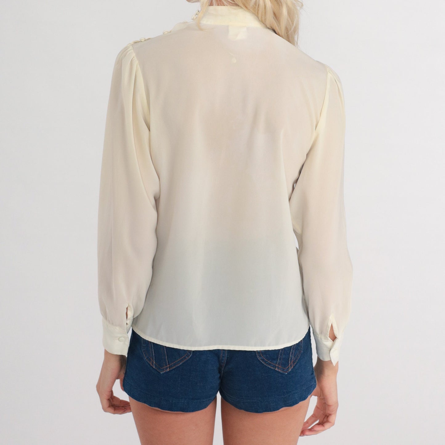 80s Cream Pleated Blouse High Neck Long Sleeve Button Shoulder Extra Small