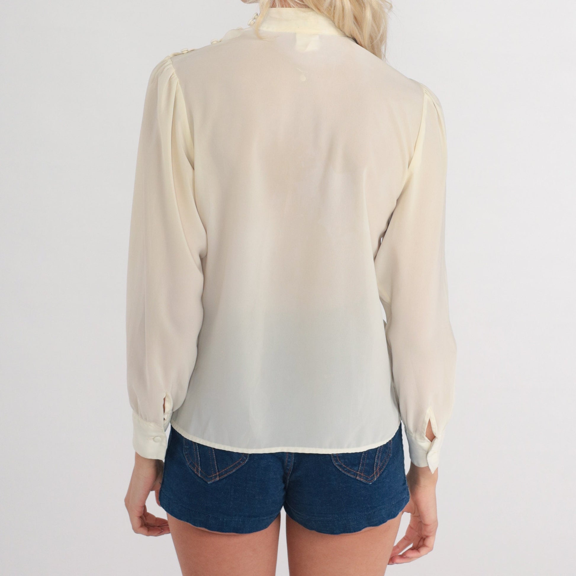 80s Cream Pleated Blouse High Neck Long Sleeve Button Shoulder Extra Small