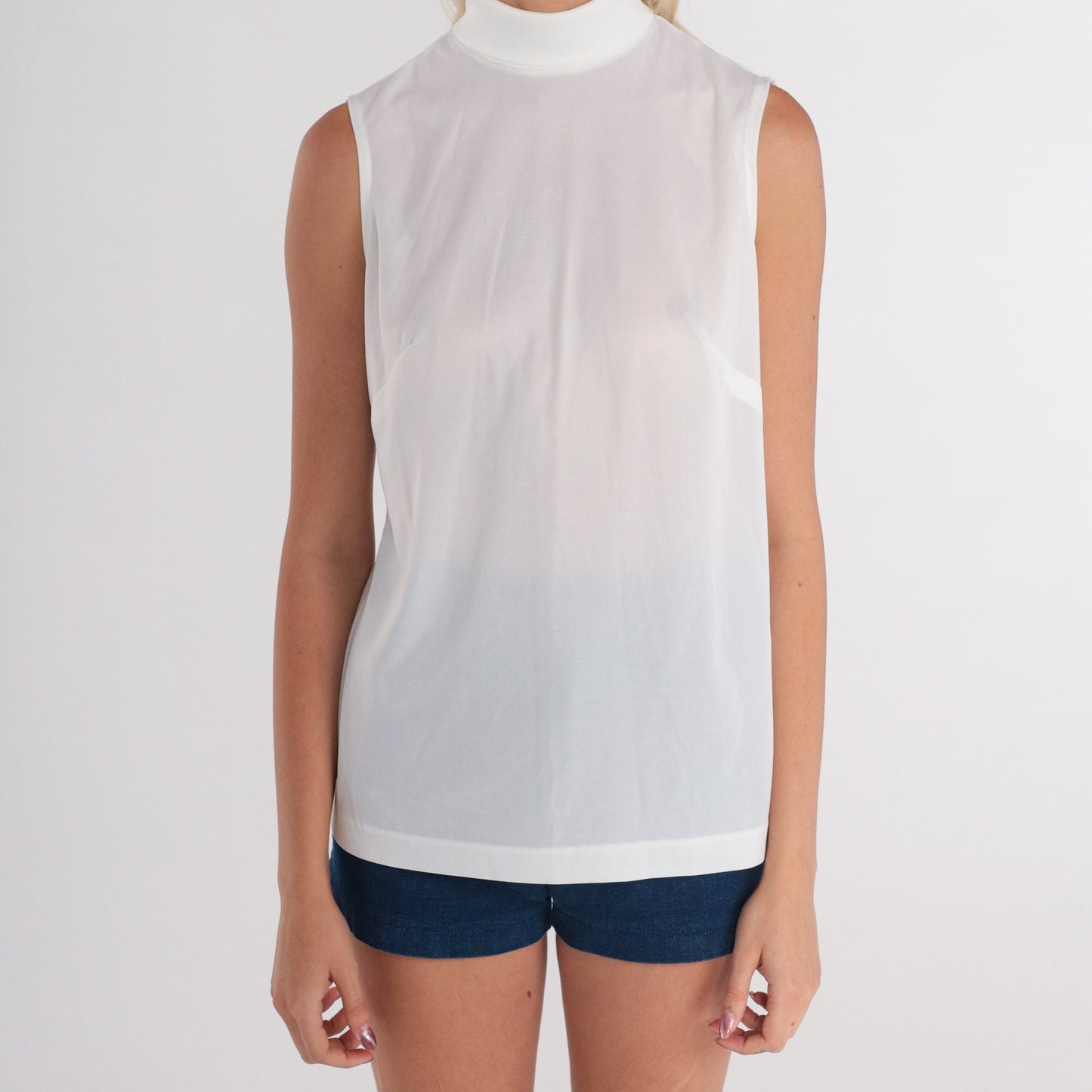 80s White Mock Neck Tank Top Semi-Sheer Sleeveless Blouse Small