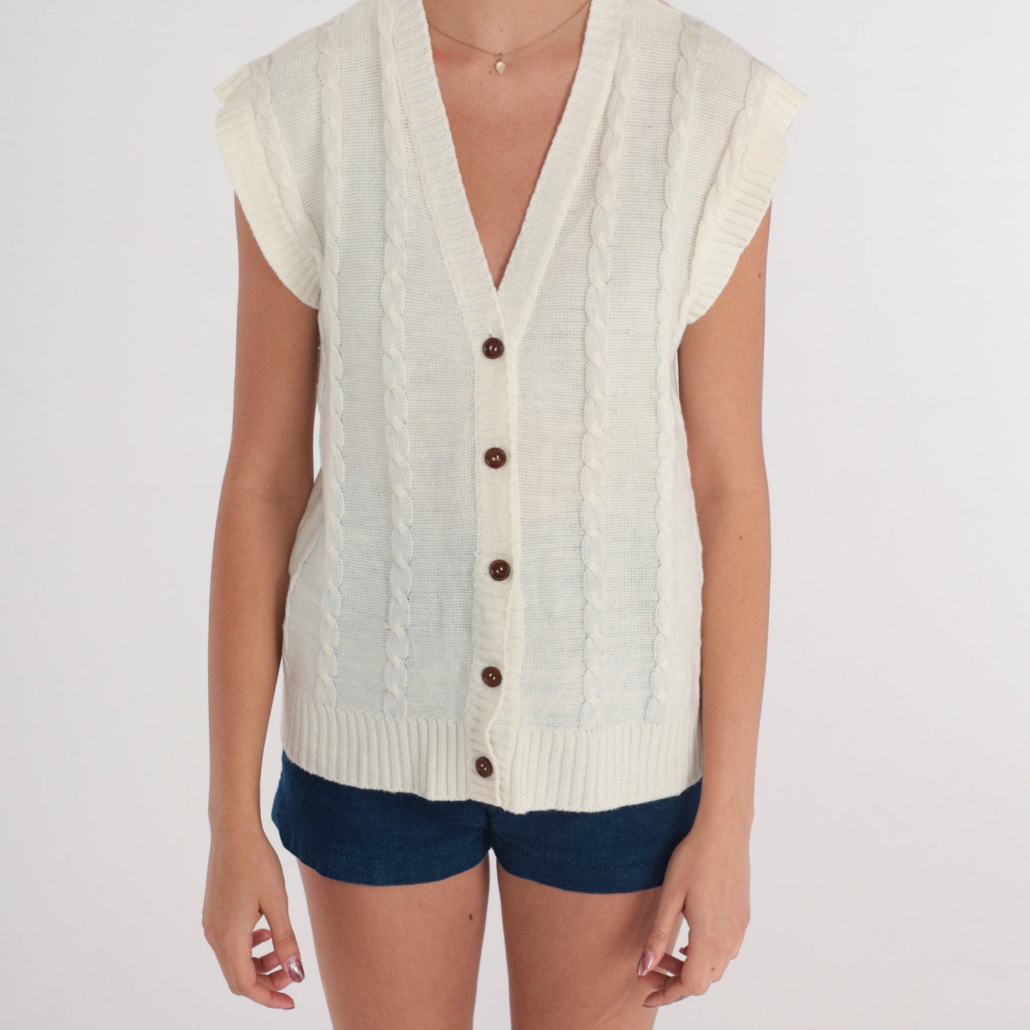 70s White Cable Knit Sweater Vest Button-Up Cap Sleeve Small
