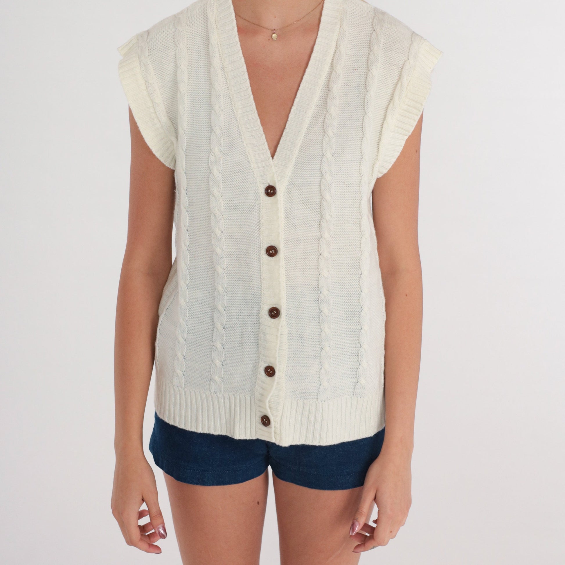 70s White Cable Knit Sweater Vest Button-Up Cap Sleeve Small