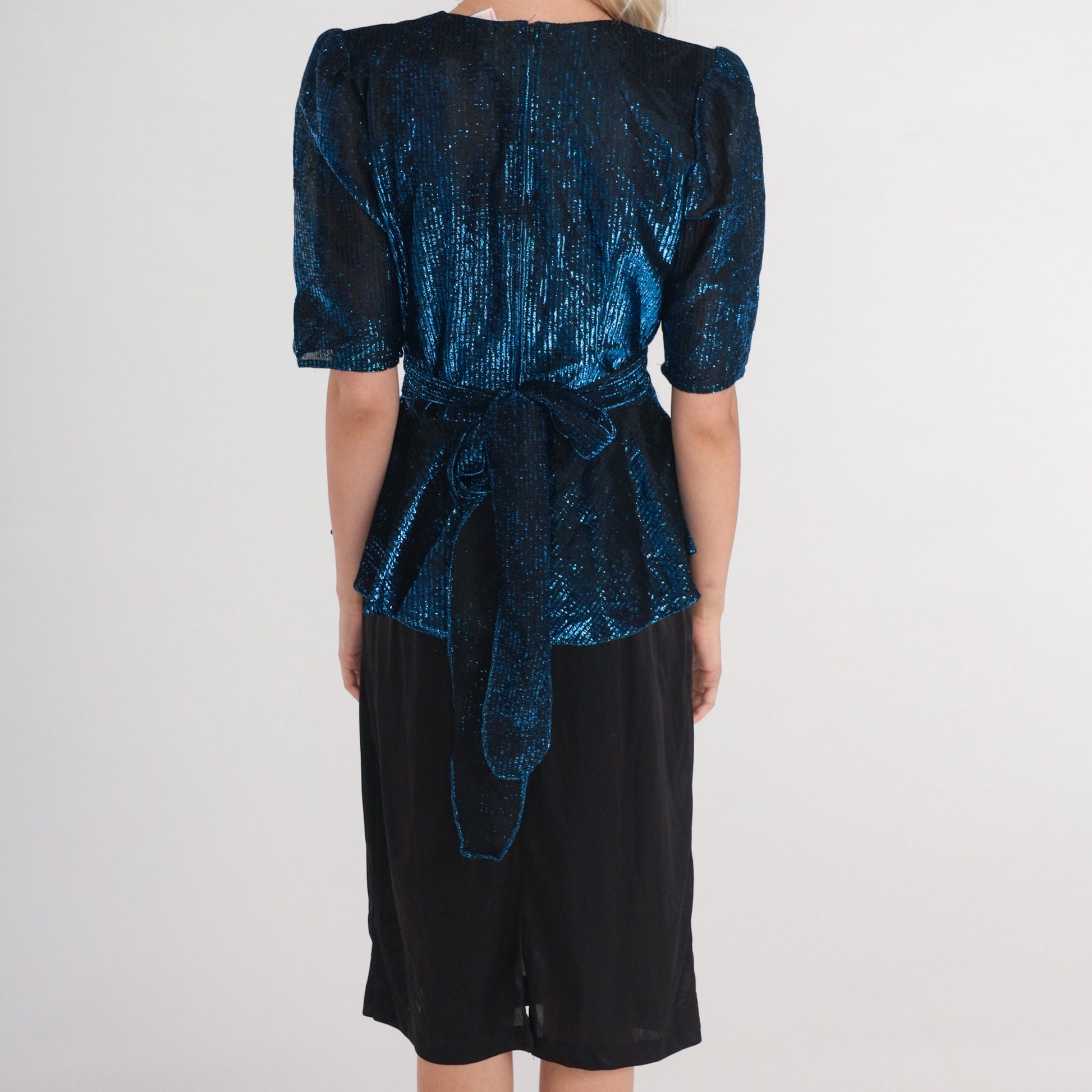 80s Diamonds Run Metallic Peplum Midi Dress Blue Black Puff Sleeve Small