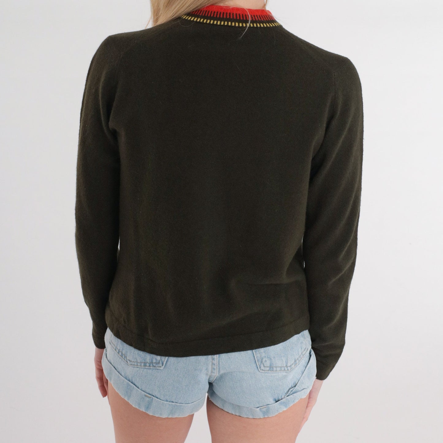80s Olive Green Wool Cardigan Red Trim Zip Up Sweater Small S