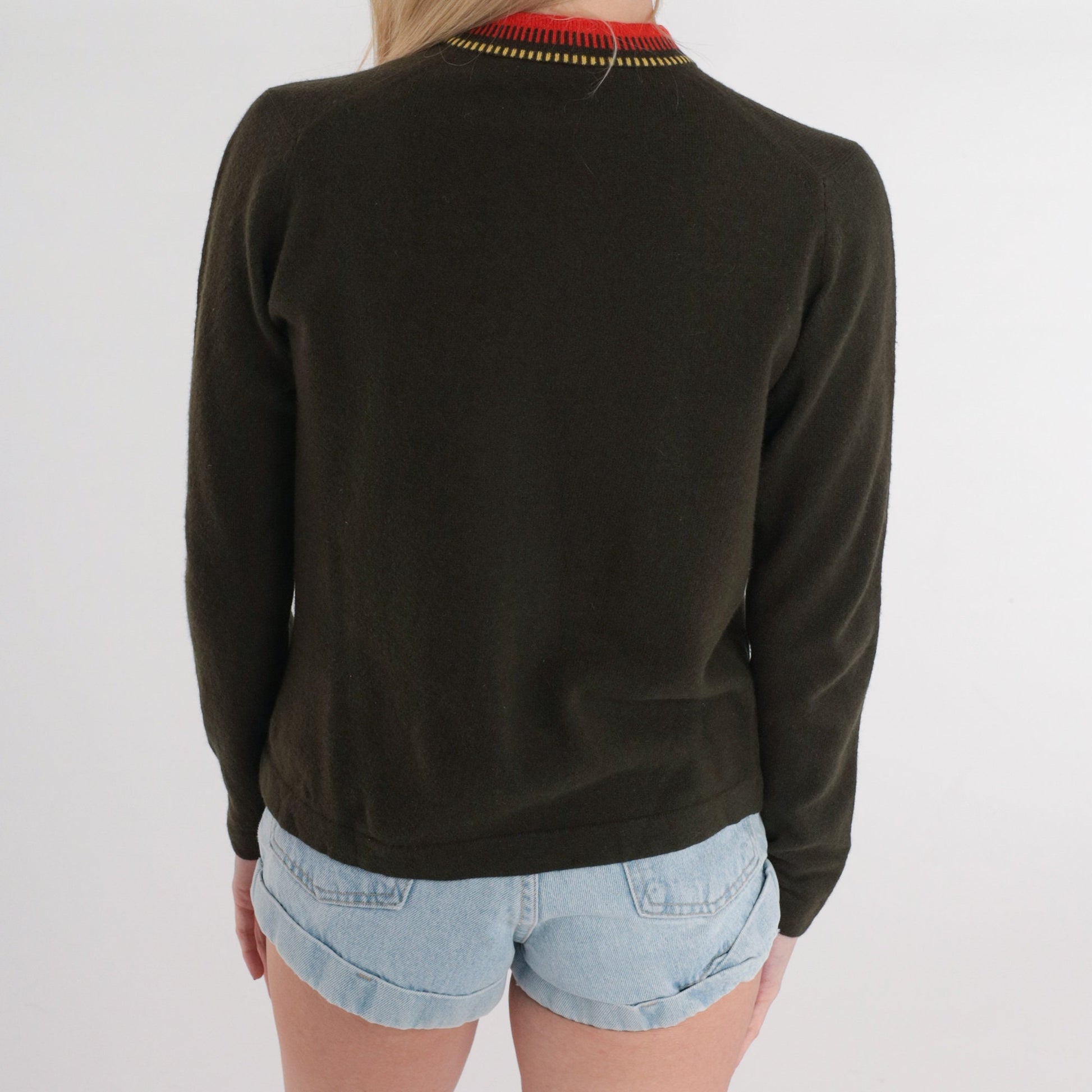 80s Olive Green Wool Cardigan Red Trim Zip Up Sweater Small S