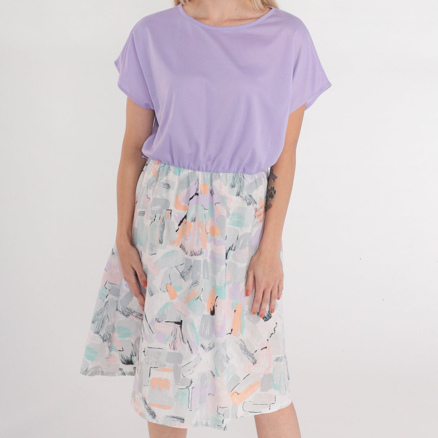 80s Purple Midi Dress Abstract Brushstroke Print High Waist Short Sleeve Medium