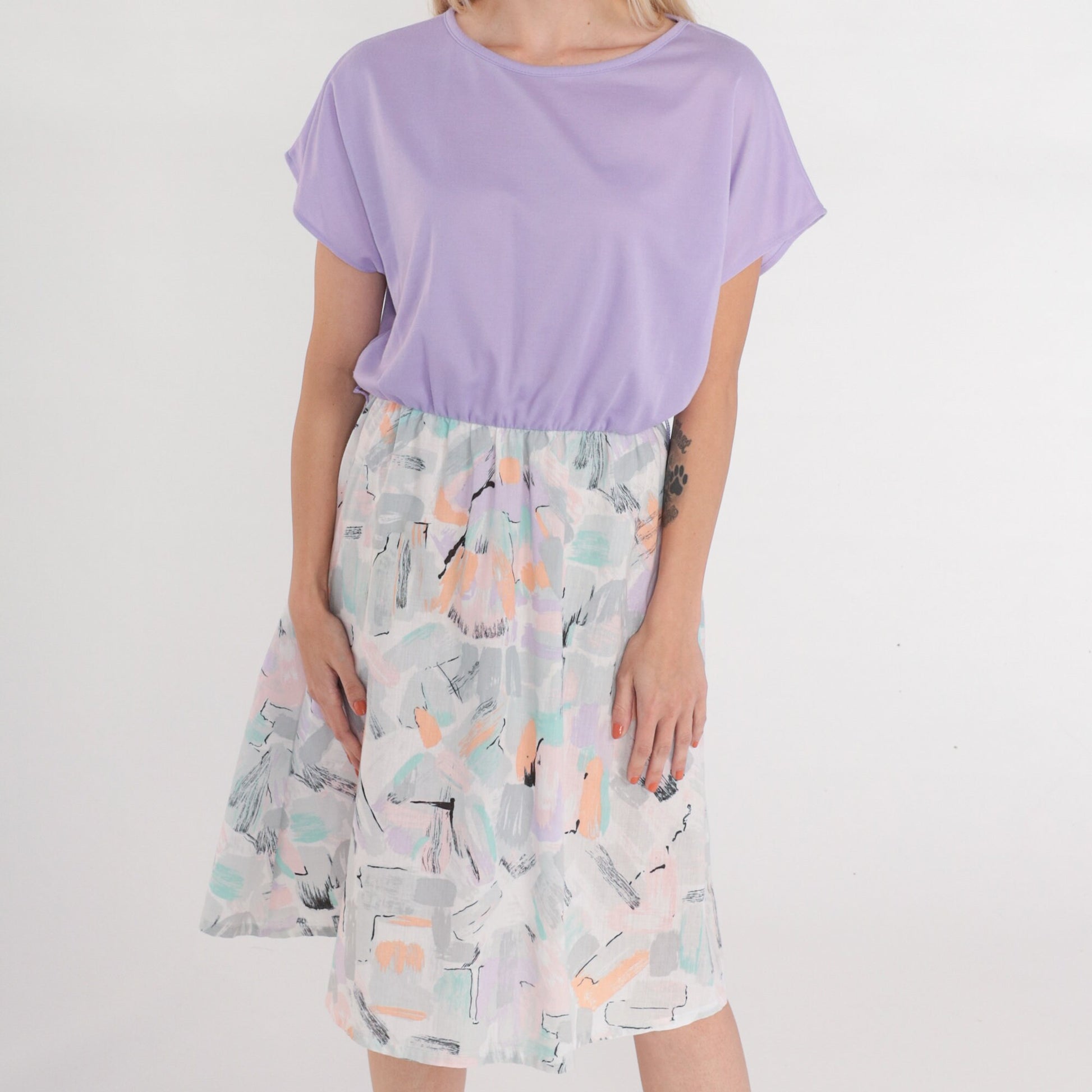 80s Purple Midi Dress Abstract Brushstroke Print High Waist Short Sleeve Medium