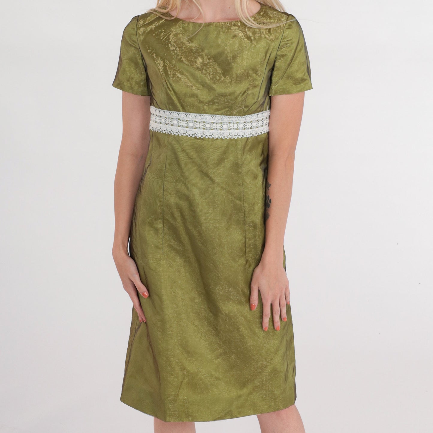 60s Iridescent Green Mini Dress Empire Waist Lace Trim Short Sleeve Extra Small