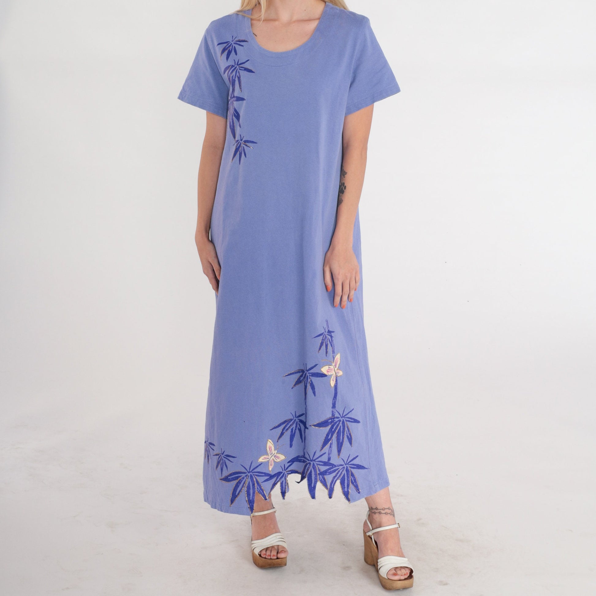 90s Purple Butterfly Bamboo Leaf Midi Dress Glitter Print Short Sleeve Large L