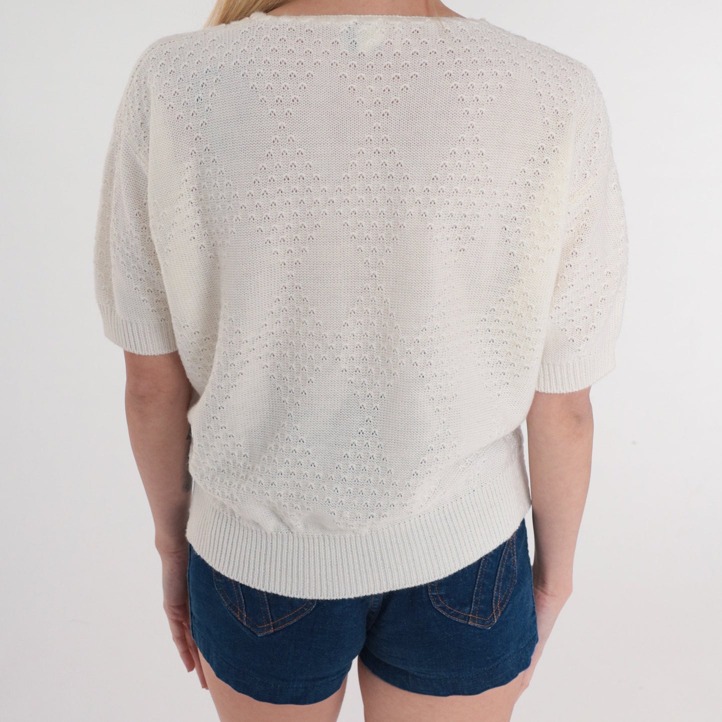 80s White Cable Knit Pointelle Cutout Short Sleeve Sweater Top Small Medium