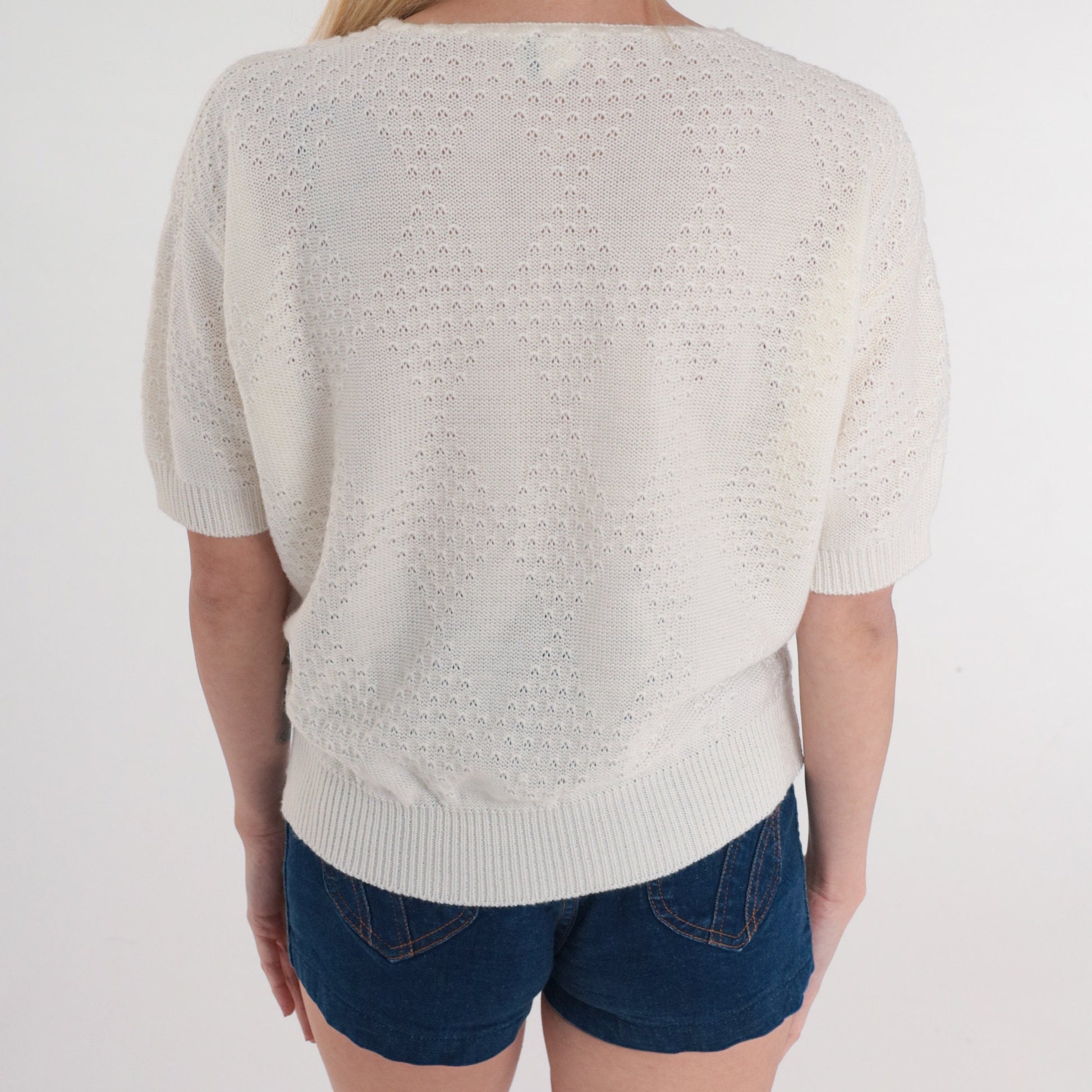 80s White Cable Knit Pointelle Cutout Short Sleeve Sweater Top Small Medium