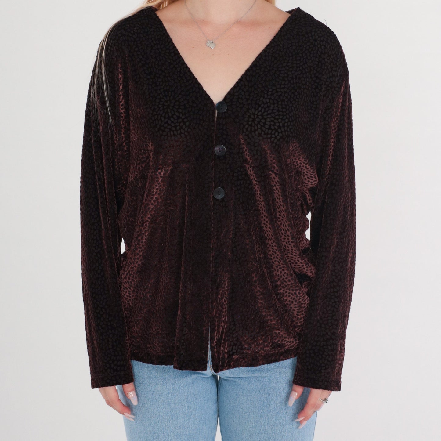 Y2K Wine Velvet Burnout Blouse Leopard Print Button-Up Long Sleeve V-Neck Extra Small