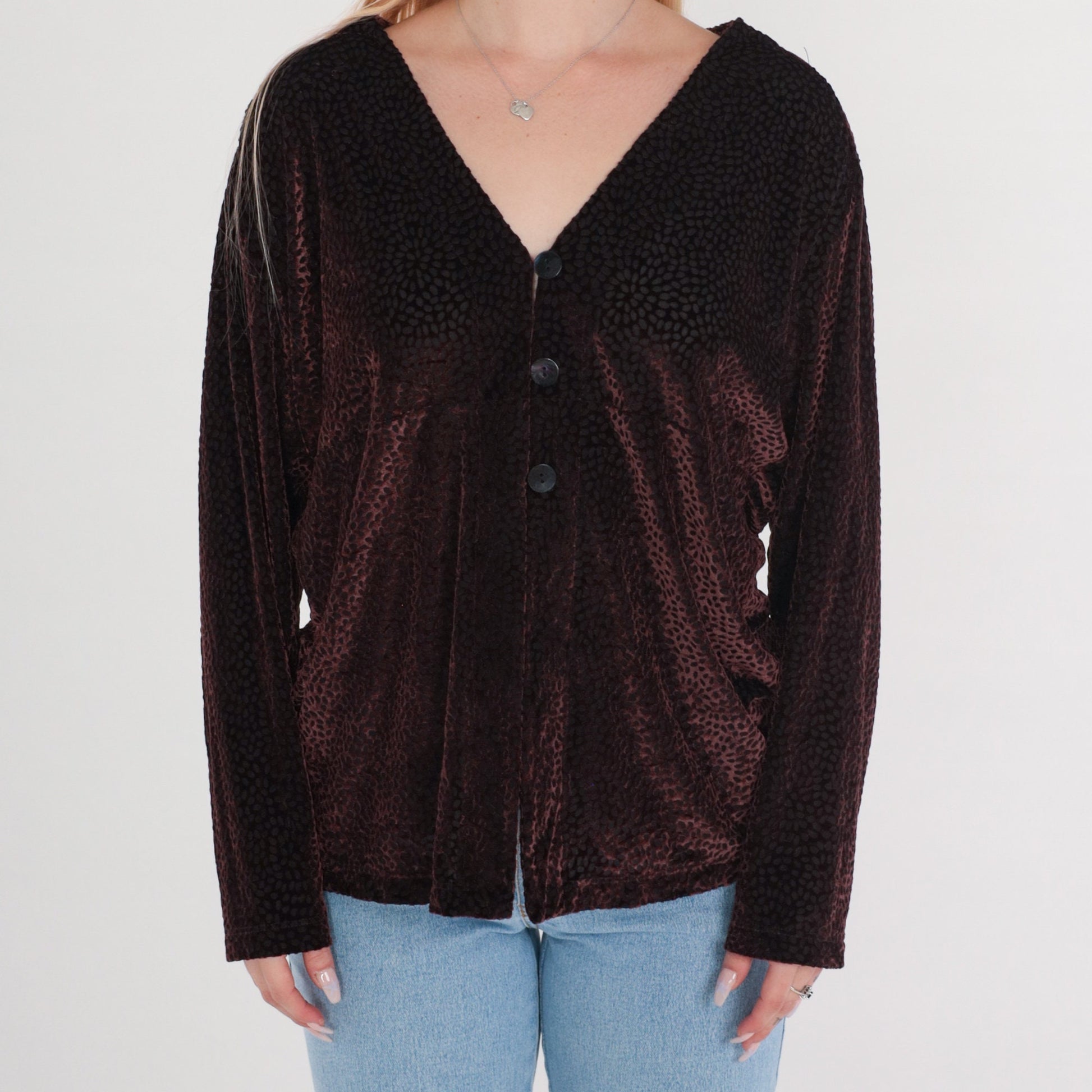 Y2K Wine Velvet Burnout Blouse Leopard Print Button-Up Long Sleeve V-Neck Extra Small