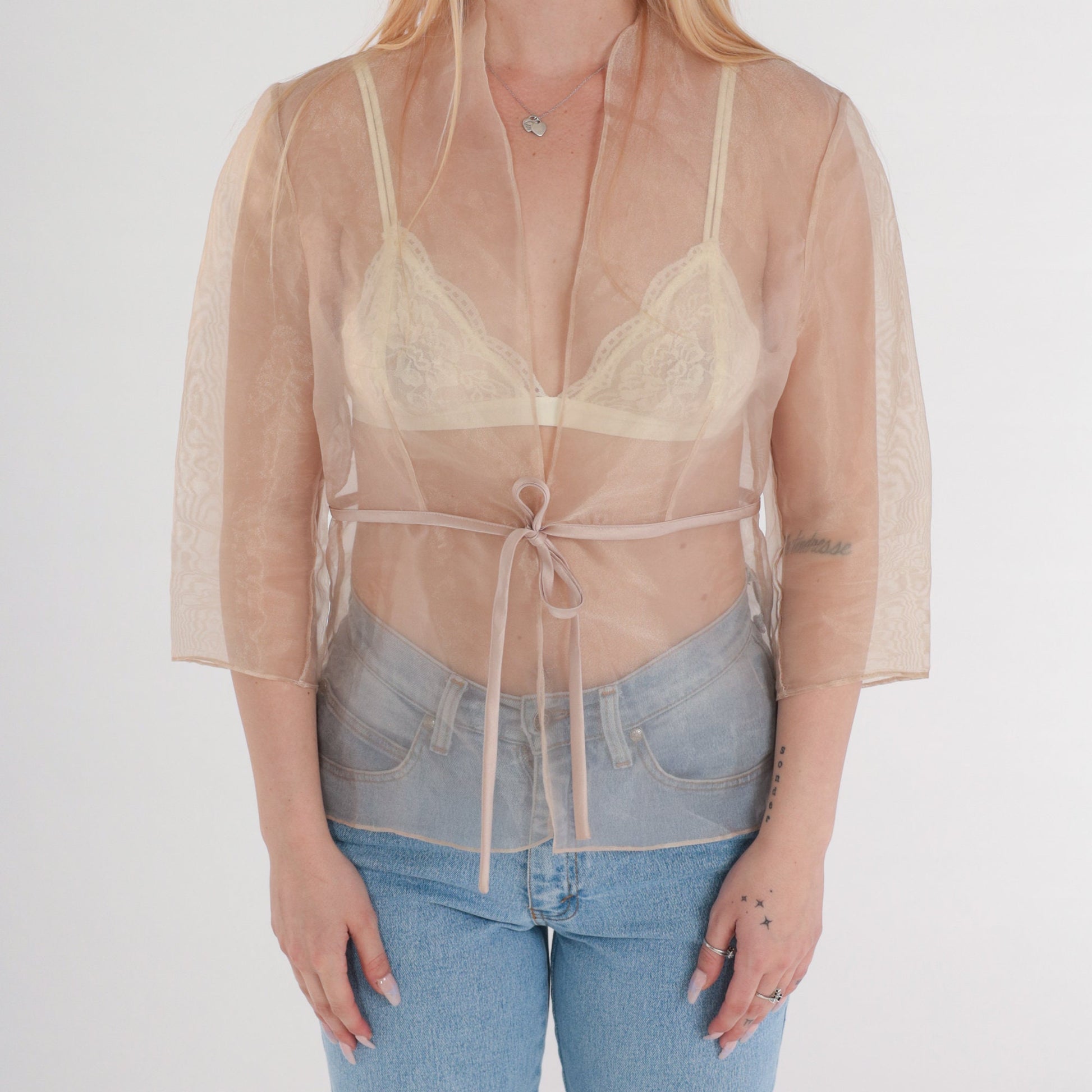 00s Sheer Tan Organza Jacket Tie Front Long Sleeve Medium Large