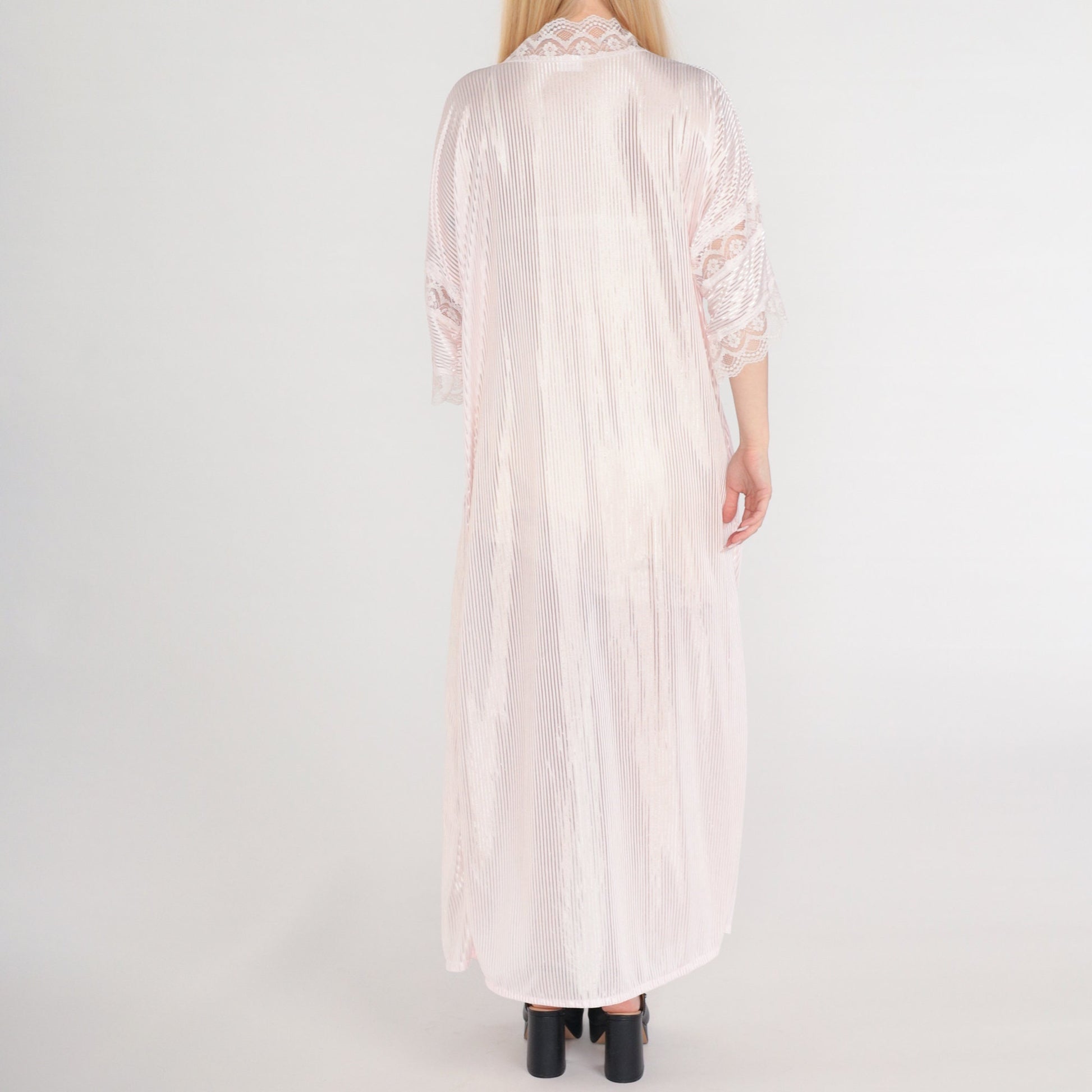 80s Fredricks of Hollywood Pink Lace Maxi Robe Semi-Sheer Open Front Medium