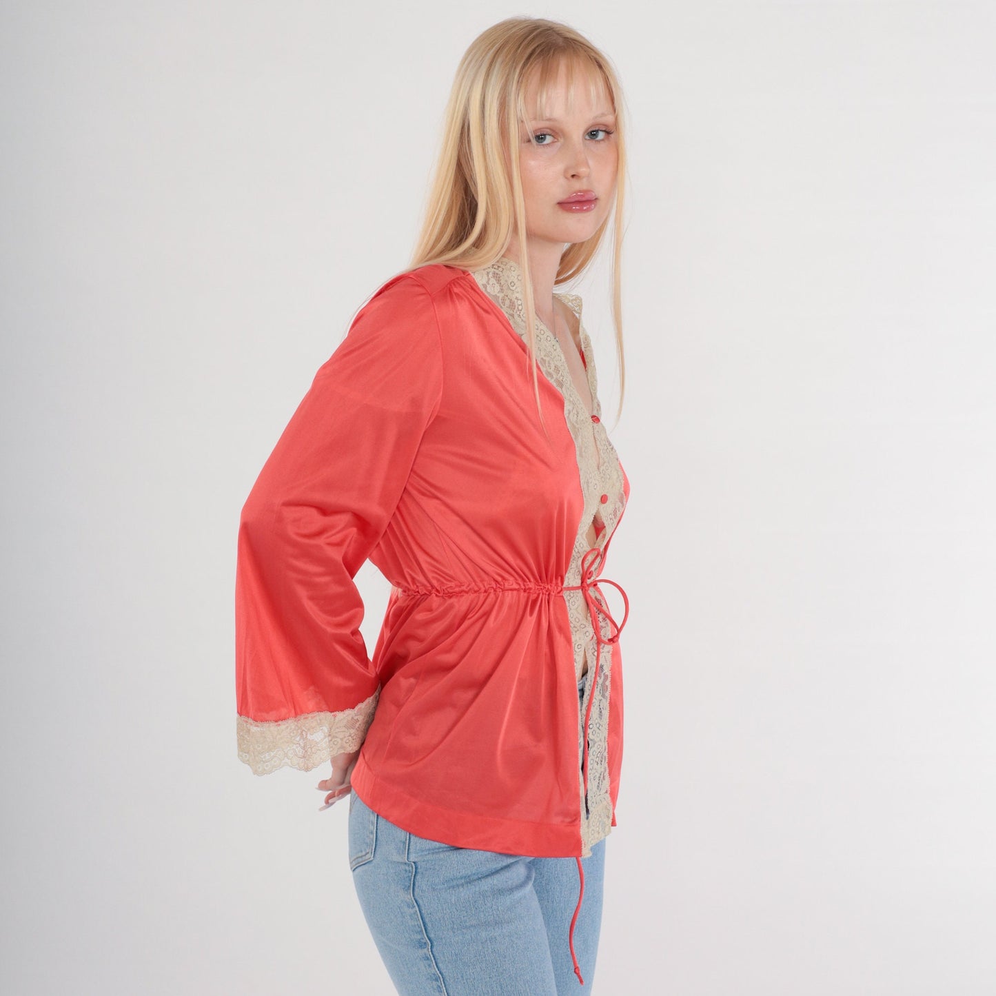 70s Coral Nylon Lace Pajama Top Button-Up Bed Jacket Long Sleeve Medium