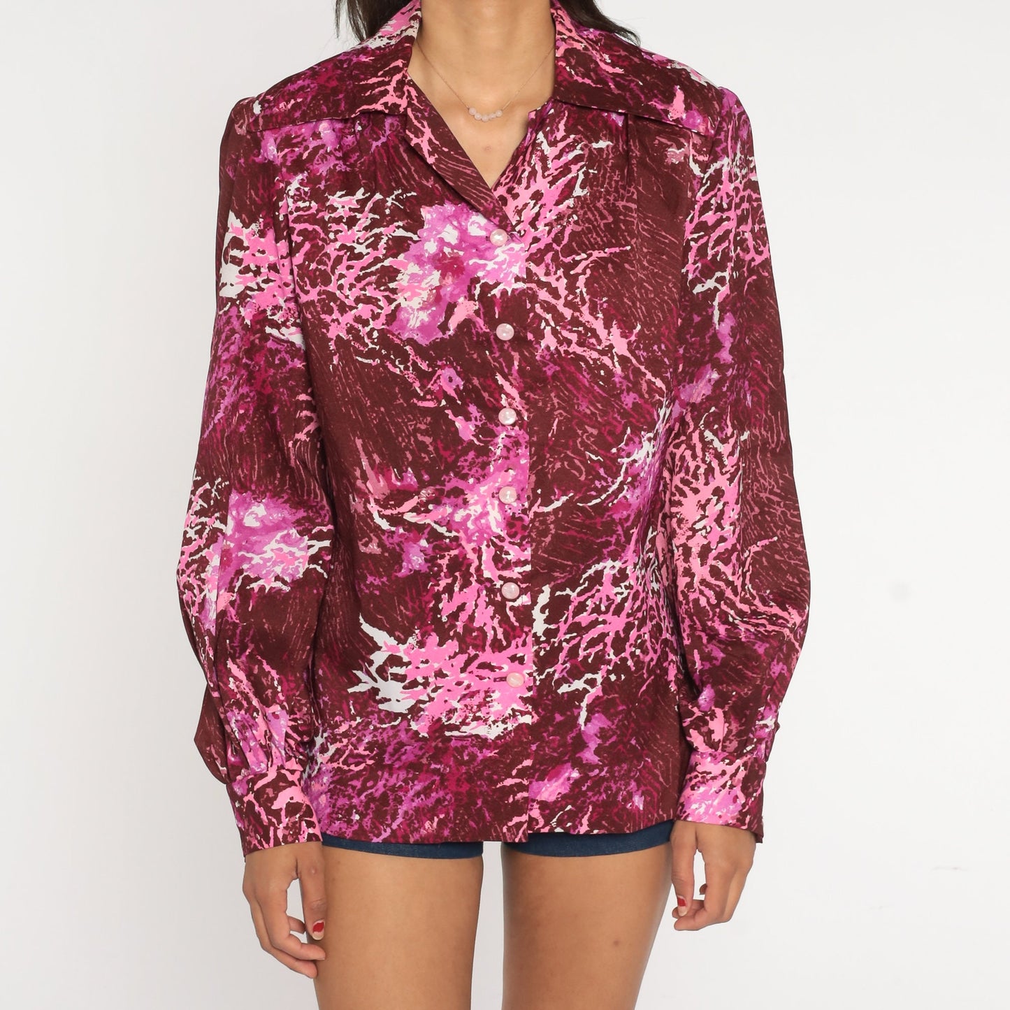 70s Burgundy Abstract Button-Up Blouse Dagger Collar Disco Shirt Extra Large