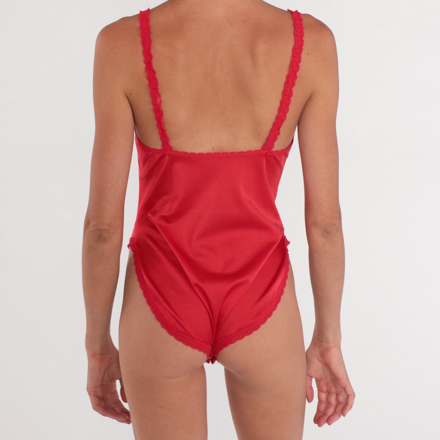 70s Vanity Fair Red Lace Bodysuit Sleeveless Leotard Small